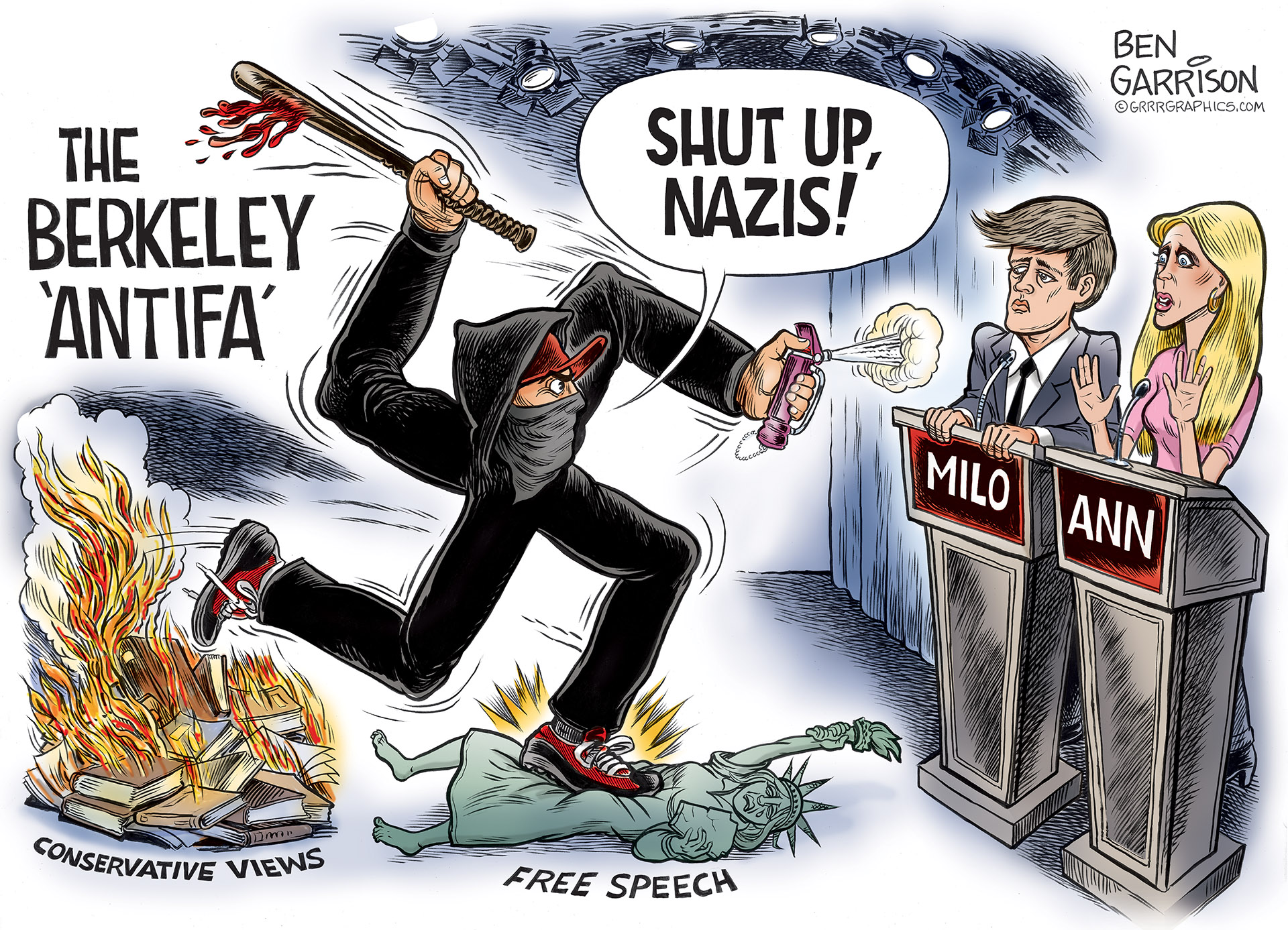 Free Speech, and the dangers of Antifa, have been a regular theme in Mr Garrison's cartoons (CREDIT: Ben Garrison/GrrrGraphics)