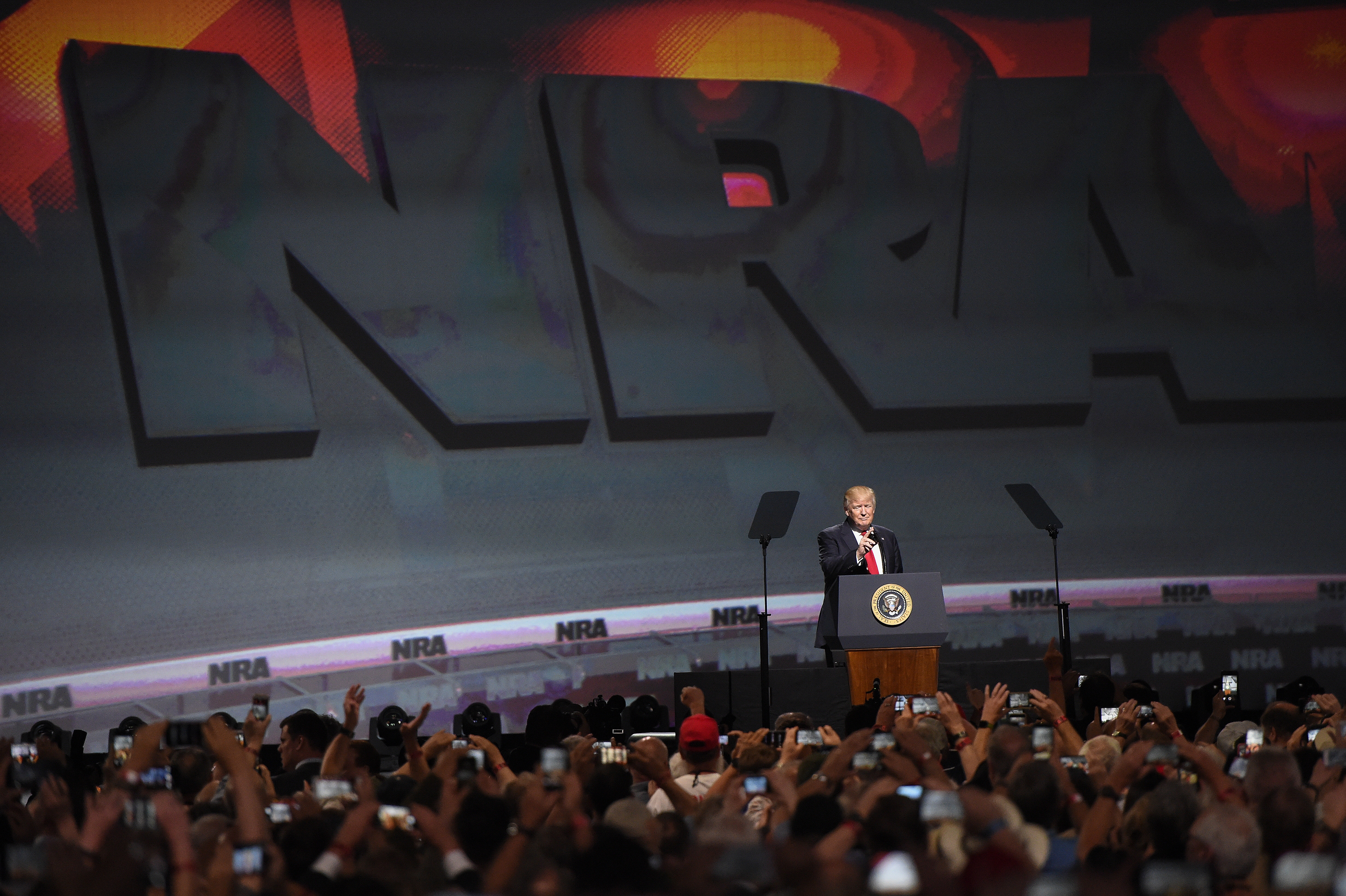 President Trump addresses the National Rifle Association-ILA Leadership Forum, April 2017. CREDIT: AP Photo/Mike Stewart