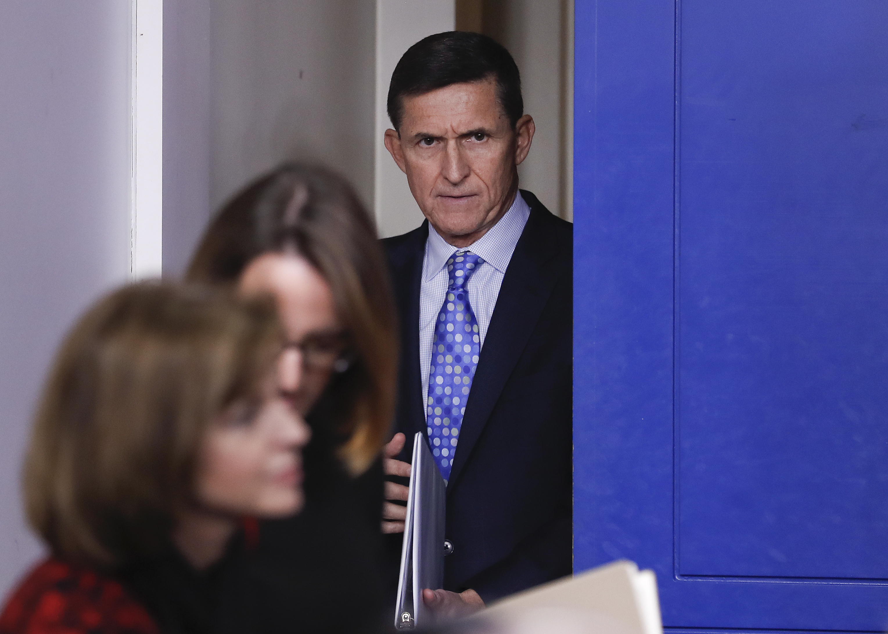 In this Feb. 1, 2017, photo, then - National Security Adviser Michael Flynn arrives for the daily news briefing at the White House, in Washington.(AP Photo/Carolyn Kaster)