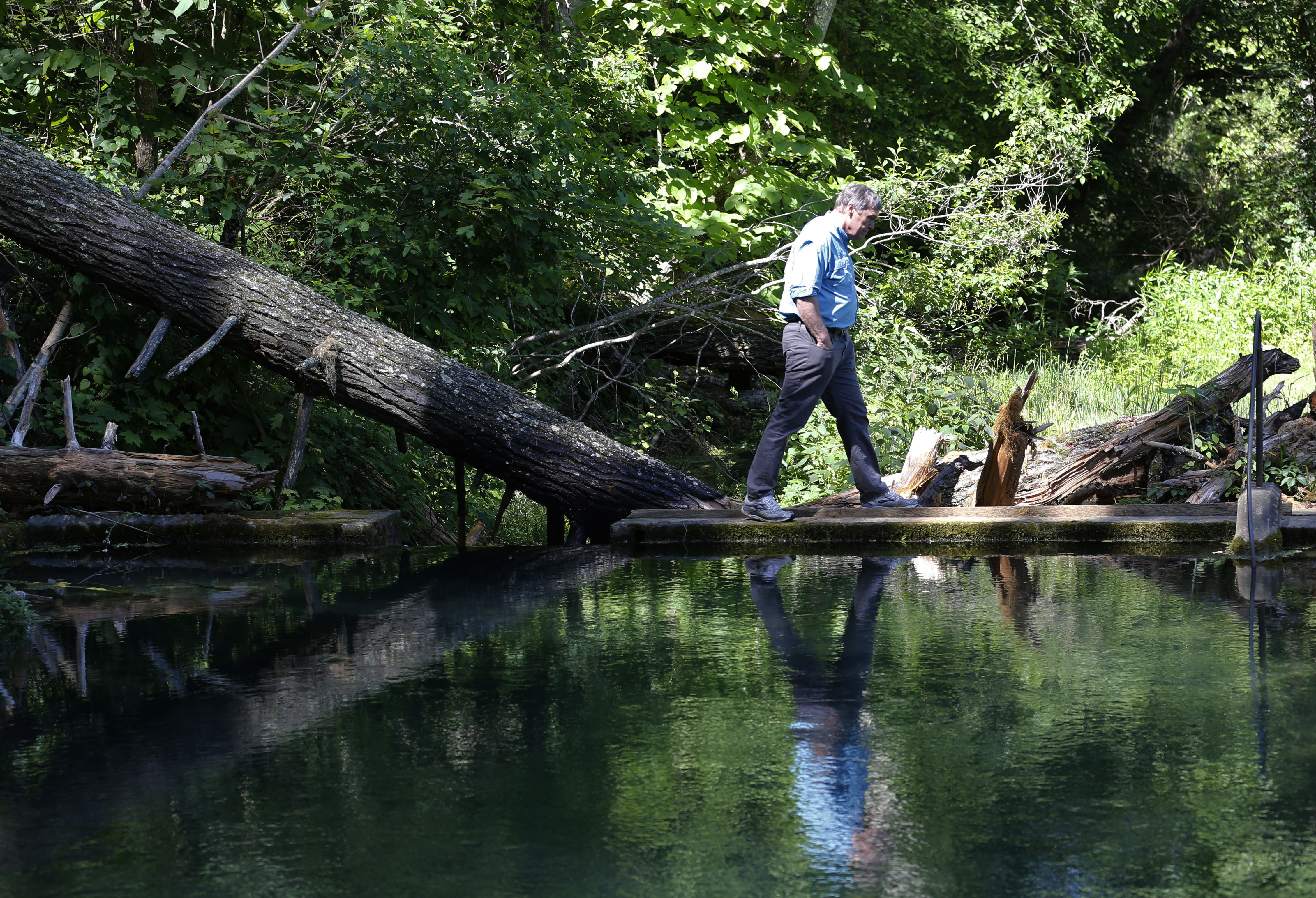 Virginia Department of Environmental Quality Director, David Paylor walks along a retention pond for a spring near the route of the proposed Atlantic Coast Pipeline in Bolar, Va. CREDIT: AP Photo/Steve Helber