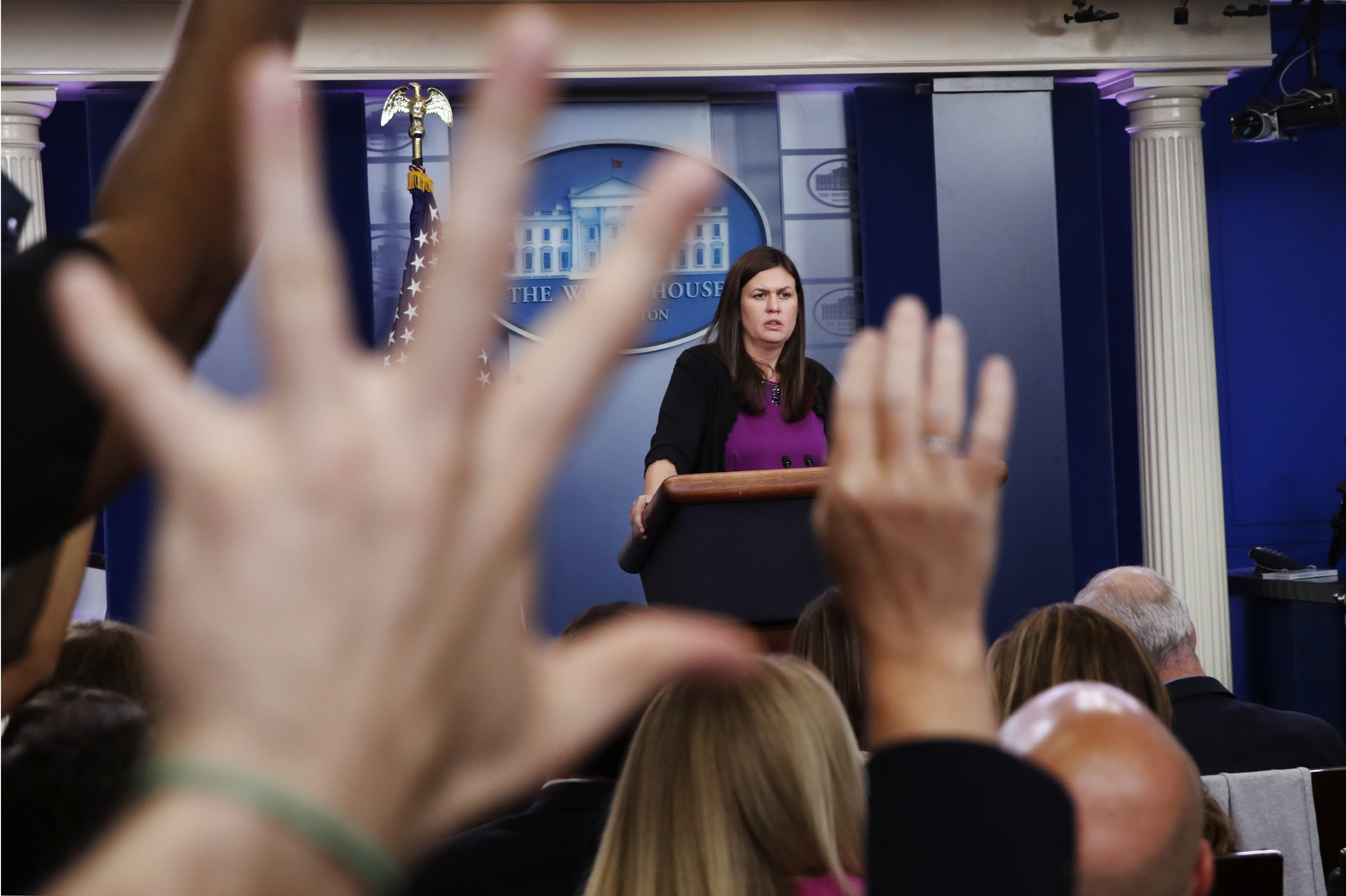 Deputy White House press secretary Sarah Huckabee Sanders fields questions from reporters during the daily briefing, Wednesday, July 19, 2017, at the White House in Washington. CREDIT: AP Photo/Jacquelyn Martin