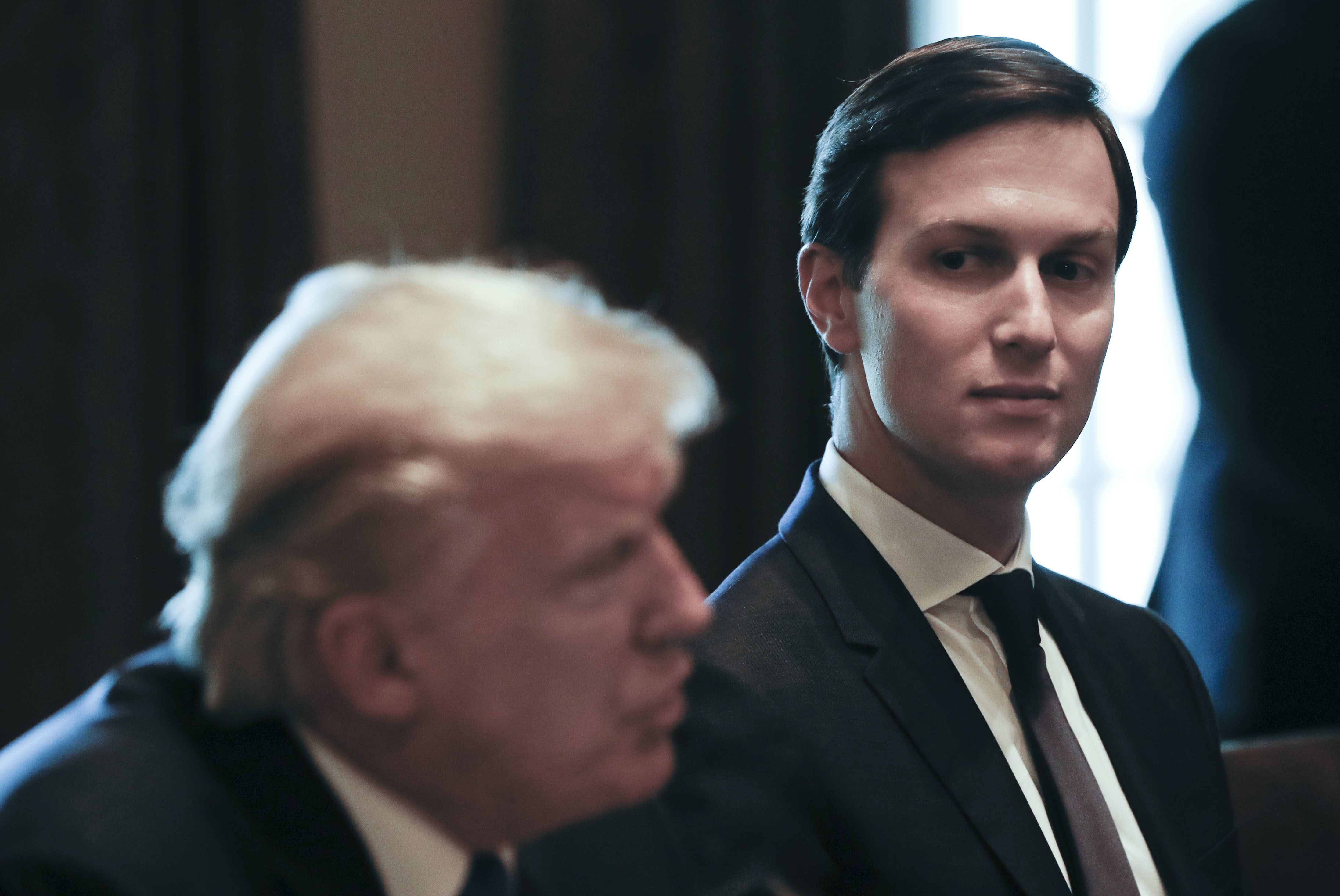 In this July 25, 2017 file photo, White House Senior Adviser and envoy, Jared Kushner, listens at right as President Donald Trump speaks during a meeting with Lebanese Prime Minister Saad Hariri in the Cabinet Room of the White House in Washington.
(Credit: AP Photo/Pablo Martinez Monsivais, File)