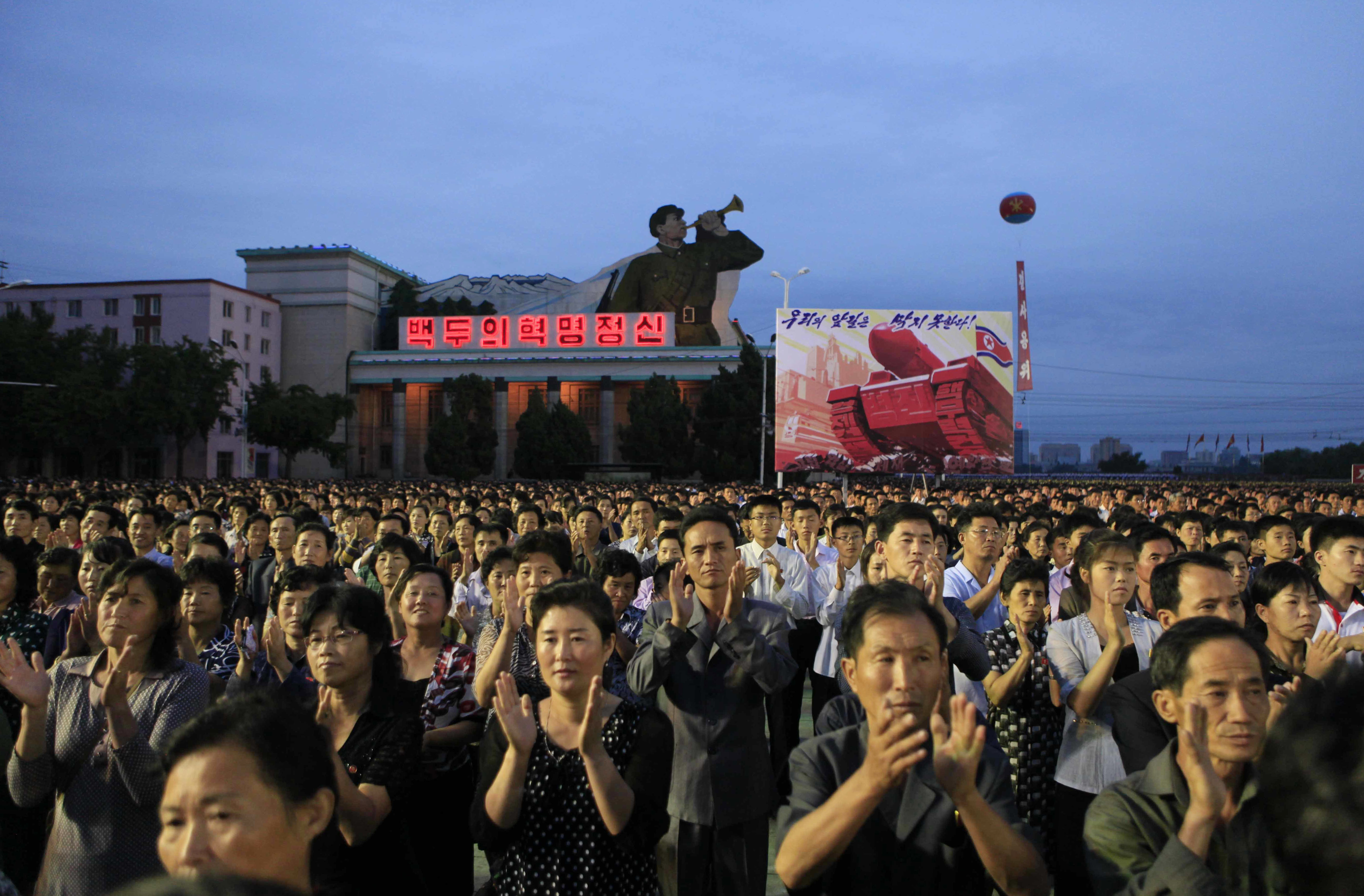 In this Wednesday, Sept. 6, 2017 photo, civilians and military personnel participate in a mass rally in Kim Il Sung Square in Pyongyang, North Korea, to mark their country’s sixth underground nuclear test. The test of what Pyongyang claims was an H-bomb small enough to be mounted on an intercontinental ballistic missile was the biggest North Korea has ever conducted. CREDIT: Jon Chol Jin/AP Photo
