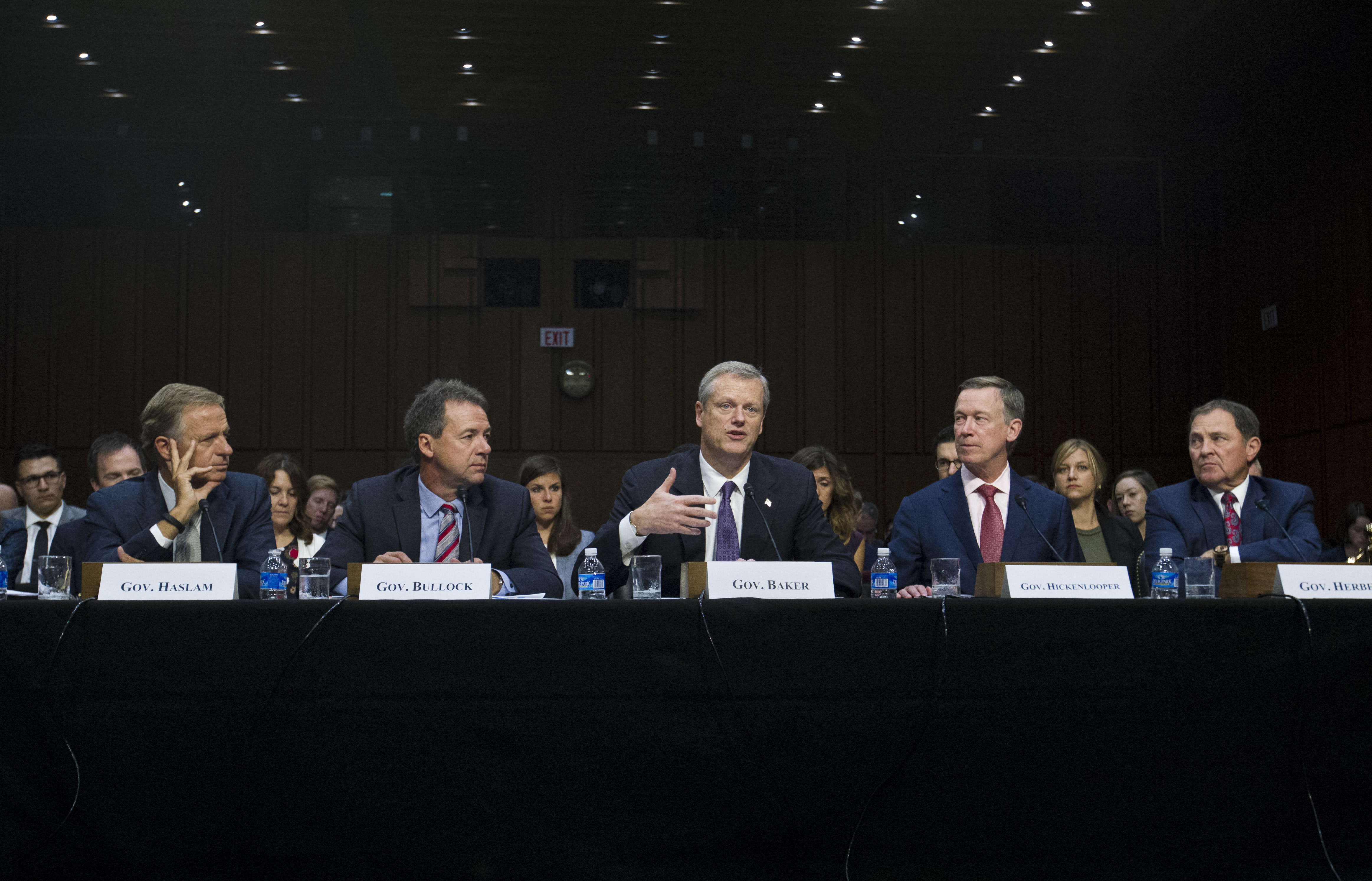 Governors from left; Bill Haslam of Tennessee, Steve Bullock of Montana, Charlie Baker of Massachusetts, John Hickenlooper of Colorado and Gary Herbert of Utah speak during the Senate Health, Education, Labor, and Pensions Committee hearing to discuss ways to stabilize health insurance markets​, on Capitol Hill in Washington, Thursday, Sept. 7, 2017. ( AP Photo/Jose Luis Magana)