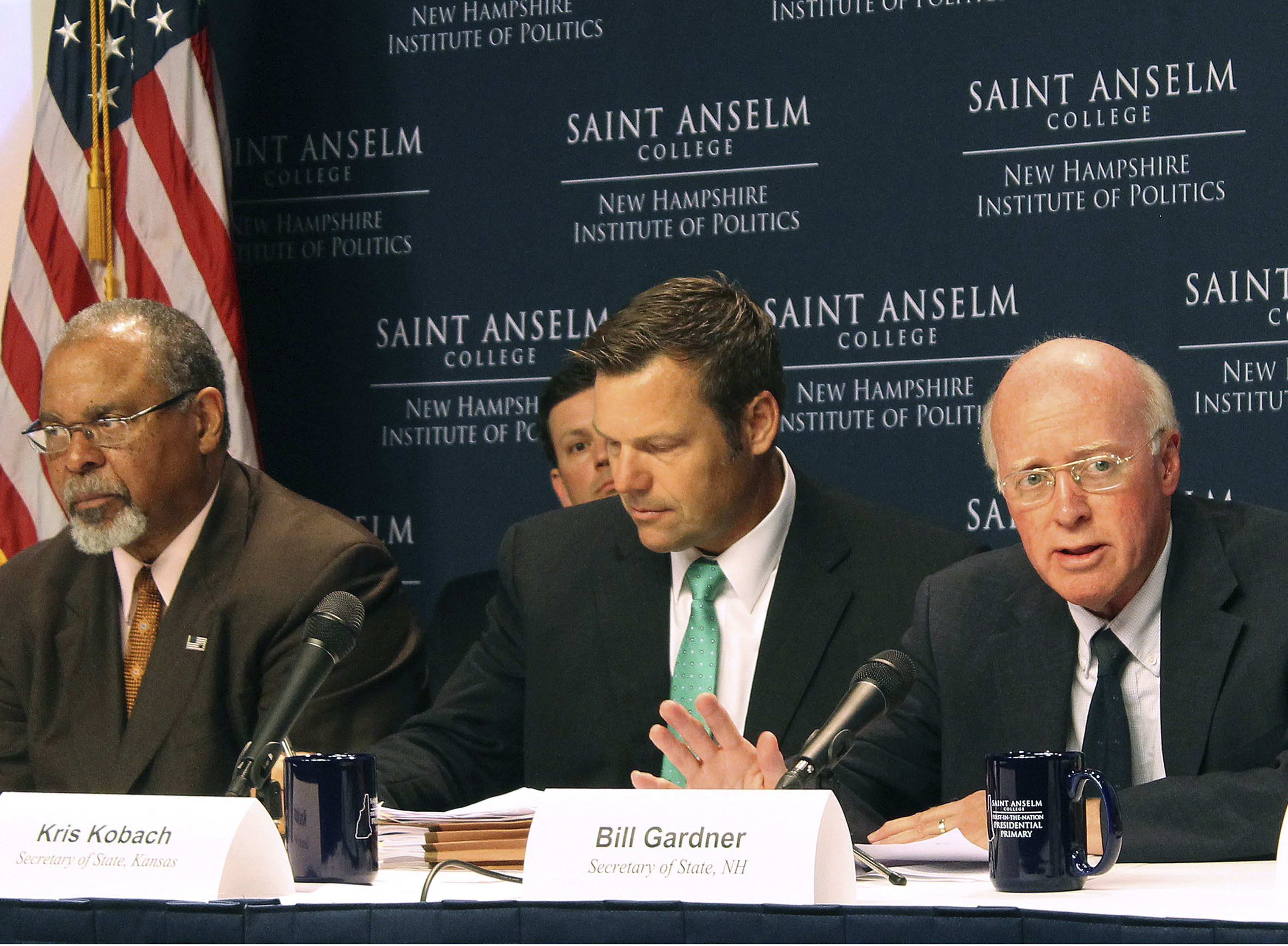 New Hampshire Secretary of State Bill Gardner, right, introduces one of the speakers at a meeting of the Presidential Advisory Commission on Election Integrity on Tuesday, Sept. 12, 2017 in Manchester, NH. CREDIT: AP Photo/Holly Ramer