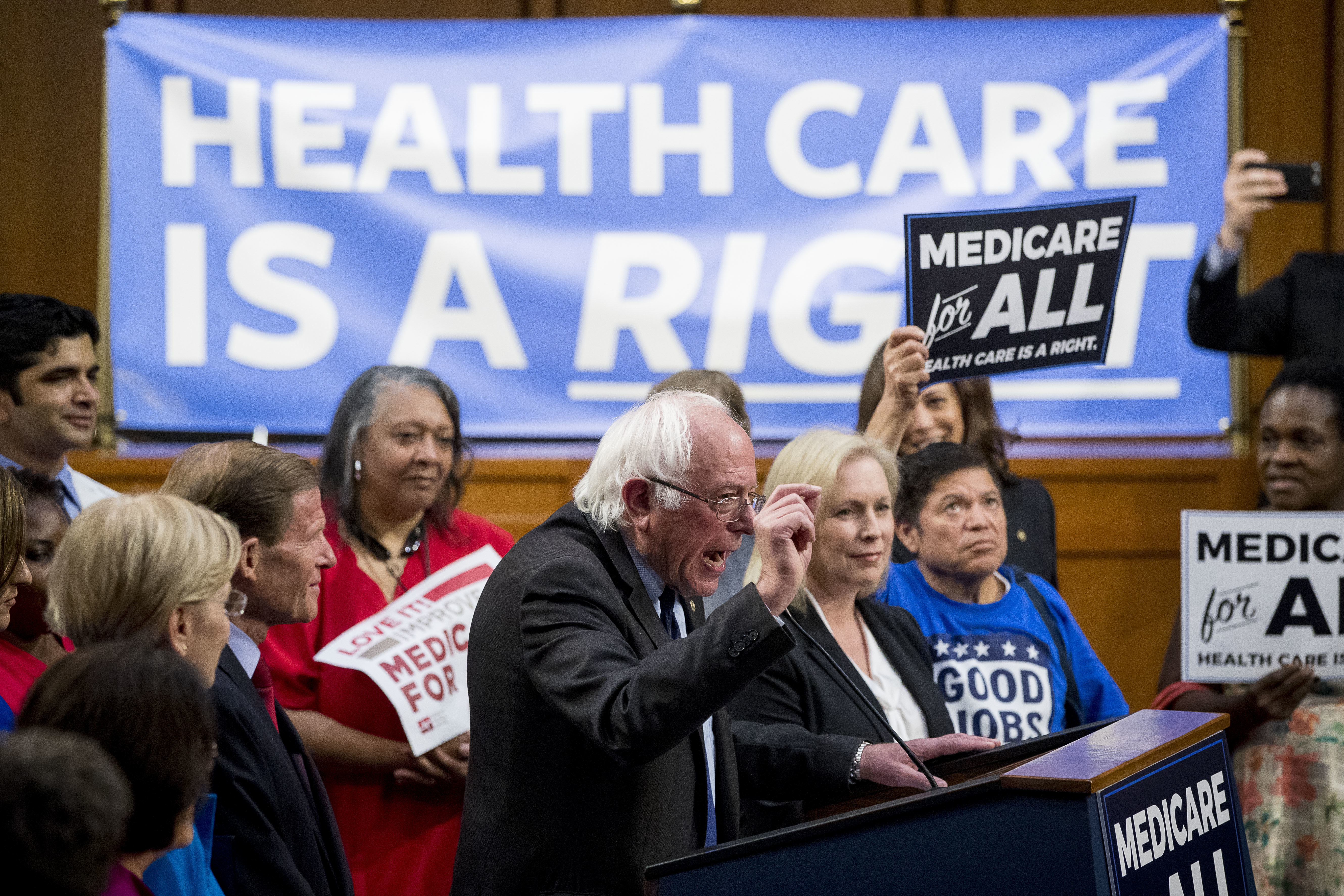Sen. Bernie Sanders, I-Vt., center, accompanied by Sen. Kirsten Gillibrand, D-N.Y., center right, speaks at a news conference on Capitol Hill in Washington, Wednesday, Sept. 13, 2017, to unveil their Medicare for All legislation to reform health care. CREDIT: AP Photo/Andrew Harnik