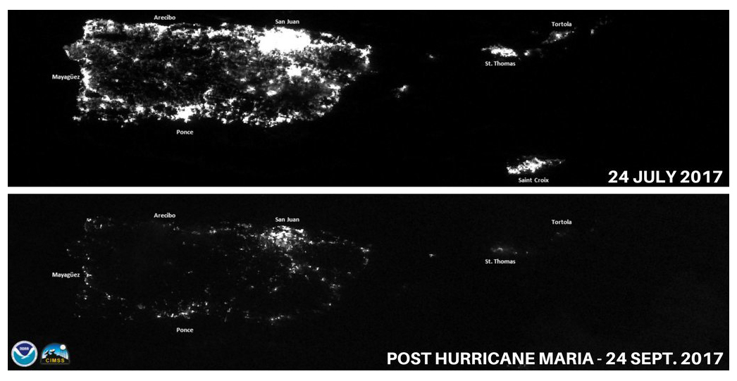 Satellite photos show Puerto Rico before and after Hurricane Maria destroyed most of its power grid. CREDIT: NOAA via AP.