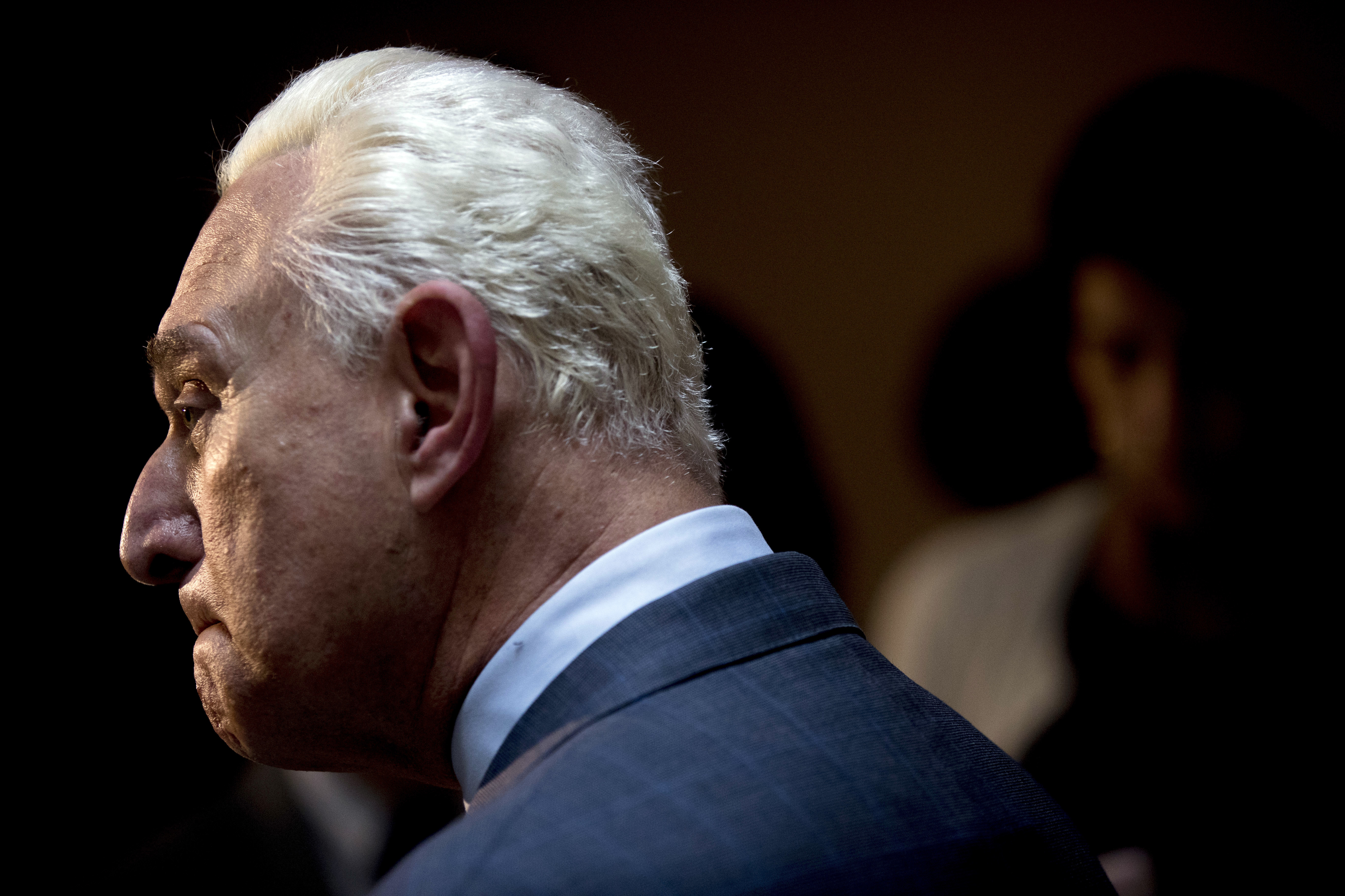 Longtime Donald Trump associate Roger Stone pauses while speaking to members of the media after testifying before the House Intelligence Committee, on Capitol Hill, Tuesday, Sept. 26, 2017, in Washington. (AP Photo/Andrew Harnik)