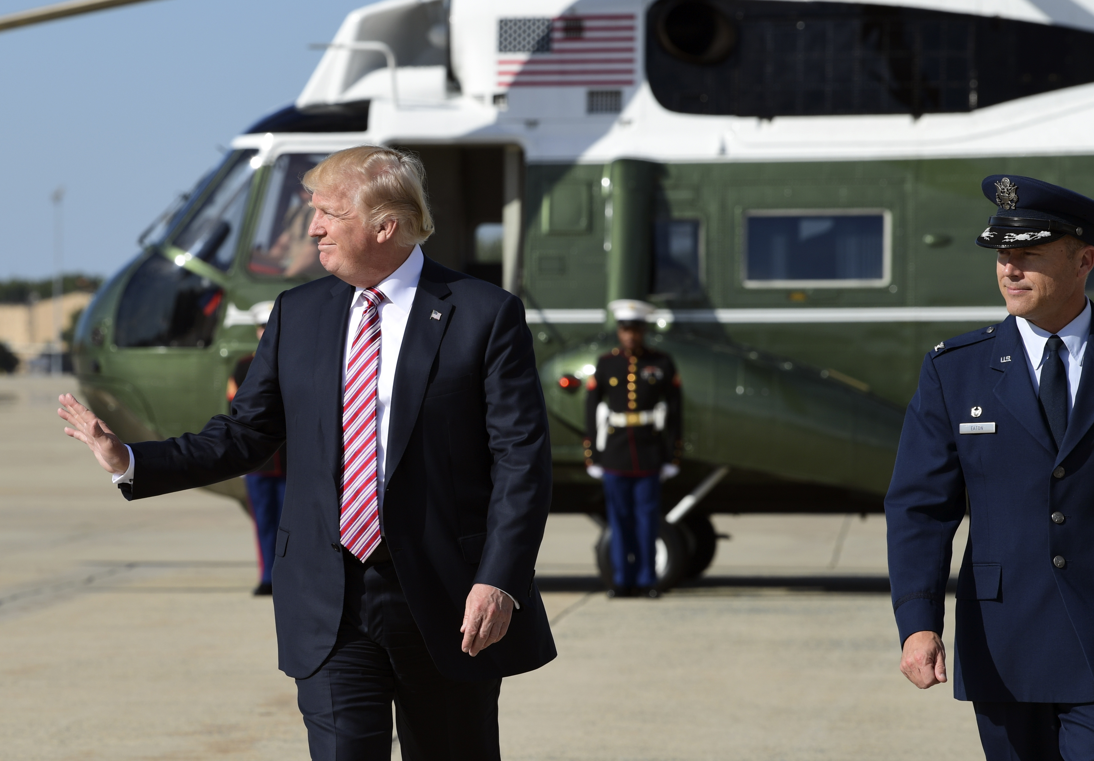 President Donald Trump walks toward Air Force One at Andrews Air Force Base, Md., Friday, Sept. 29, 2017, as he heads to New Jersey for the weekend. CREDIT: AP Photo/Susan Walsh
