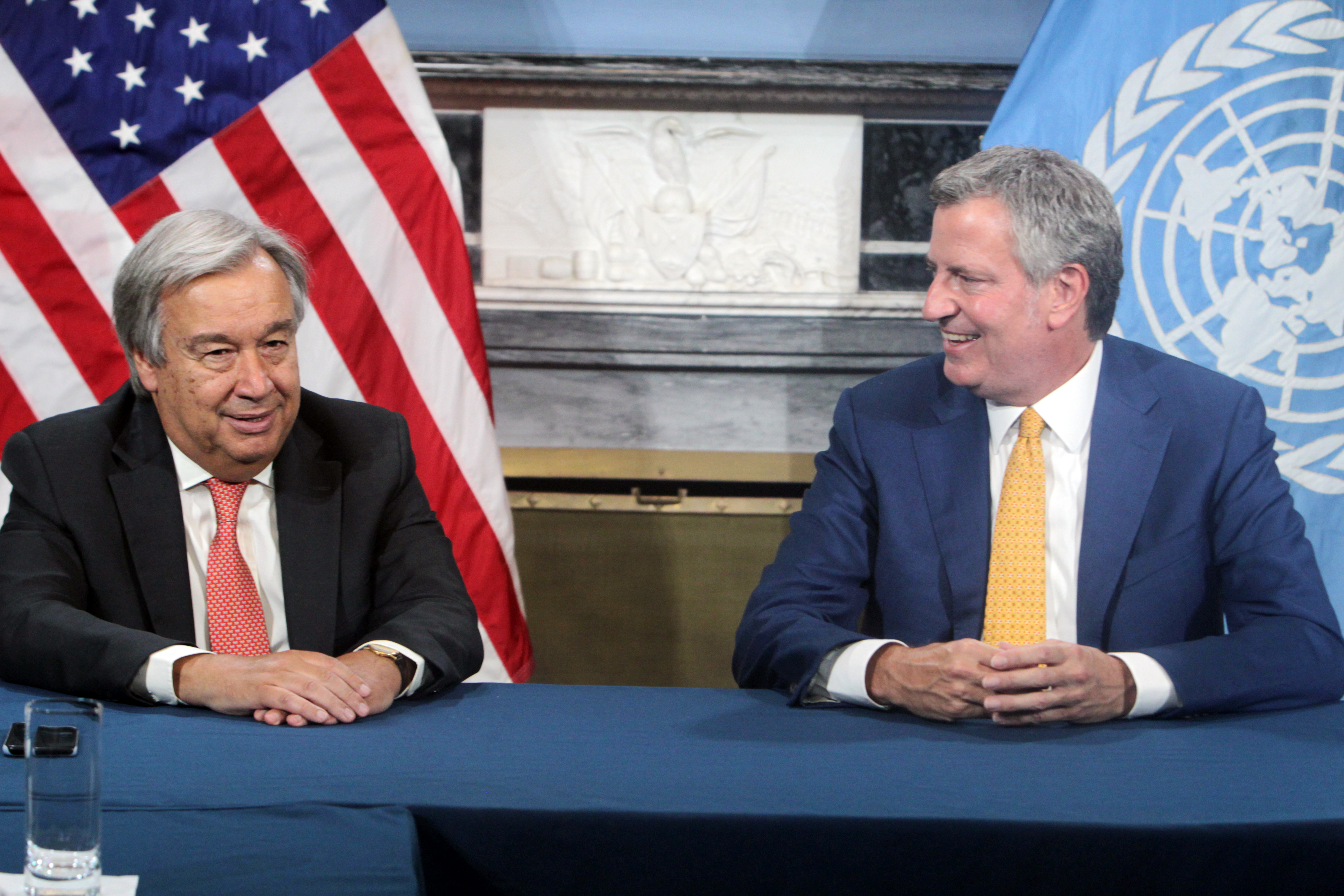 United Nations Secretary-General Antonio Guterres and New York City Mayor Bill De Blasio hold a meeting to re-affirm New York City's commitment to UN Goals and initiatives. CREDIT: Photo by Mpi43 / MediaPunch/IPX