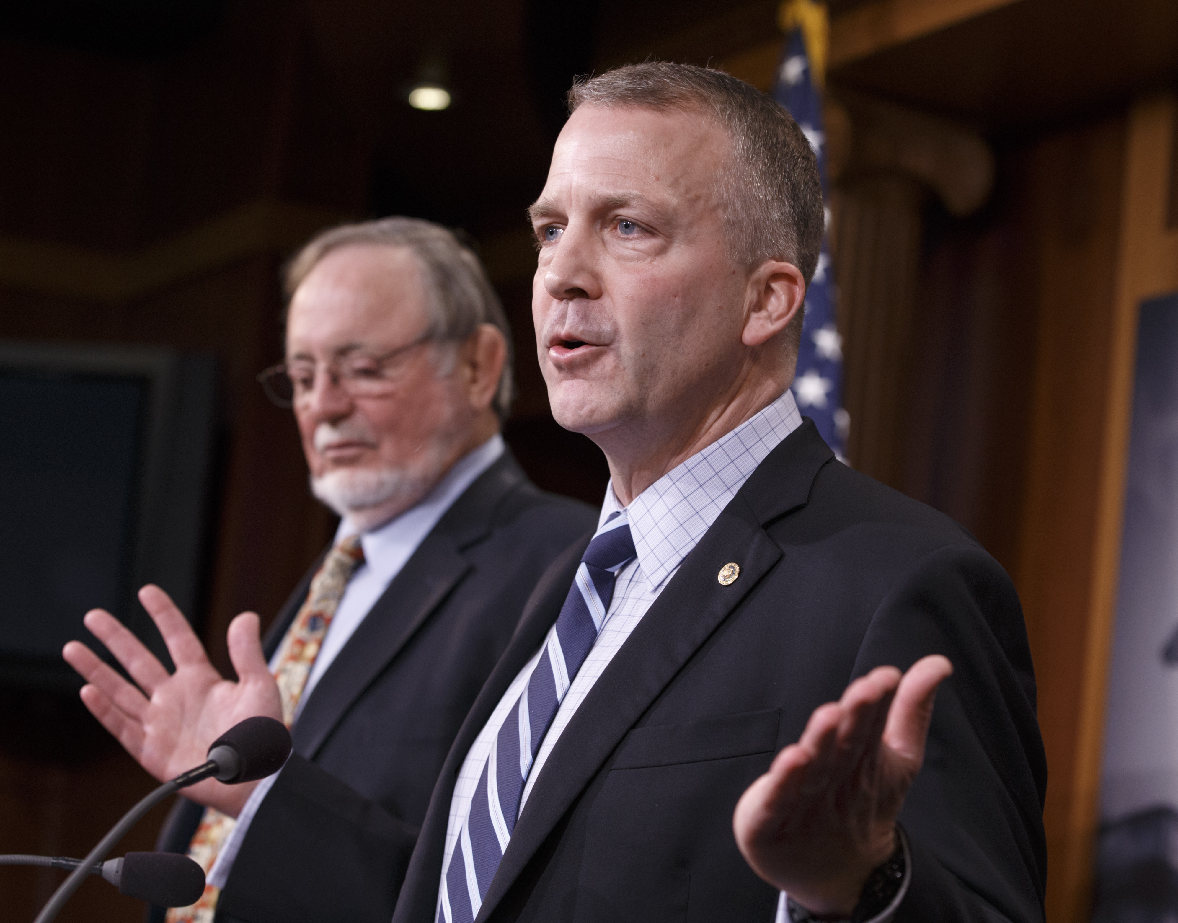 Sen. Dan Sullivan, R-Alaska, right, and Rep. Don Young, R-Alaska, speak at a news conference about Alaska's energy future, at the Capitol in Washington, Monday, Jan. 26, 2015. CREDIT AP Photo/J. Scott Applewhite