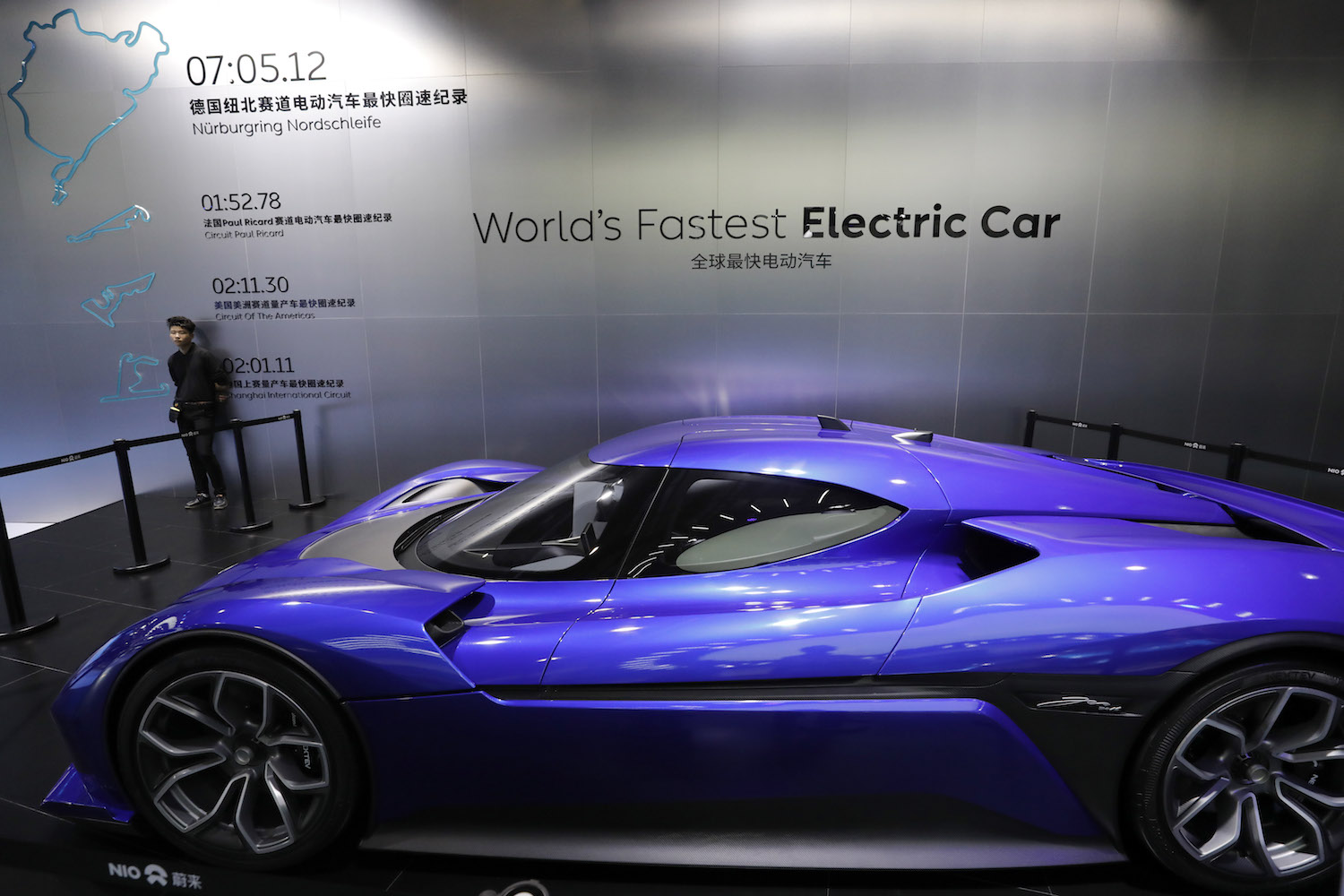 The "ep9" which Chinese startup NIO claims is the World's fastest electric car, is displayed at Auto Shanghai 2017 show April 20. CREDIT: AP Photo/Ng Han Guan