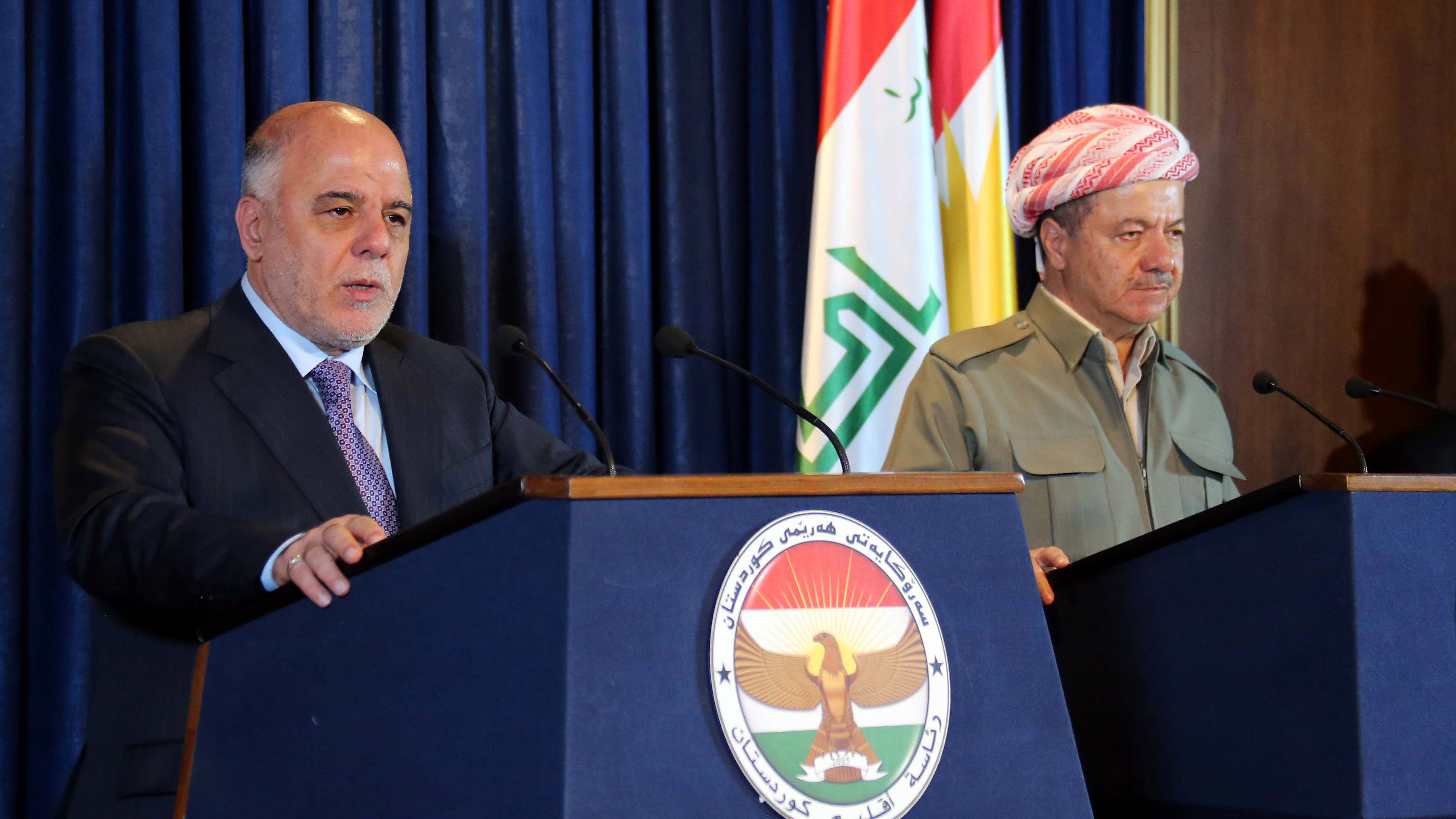 Iraqi Prime Minister Haider al-Abadi, left, and President of the Autonomous Kurdish Government Masoud Barzani both face upcoming elections - Barzani in November and al-Abadi in spring 2018. CREDIT: AP Photo