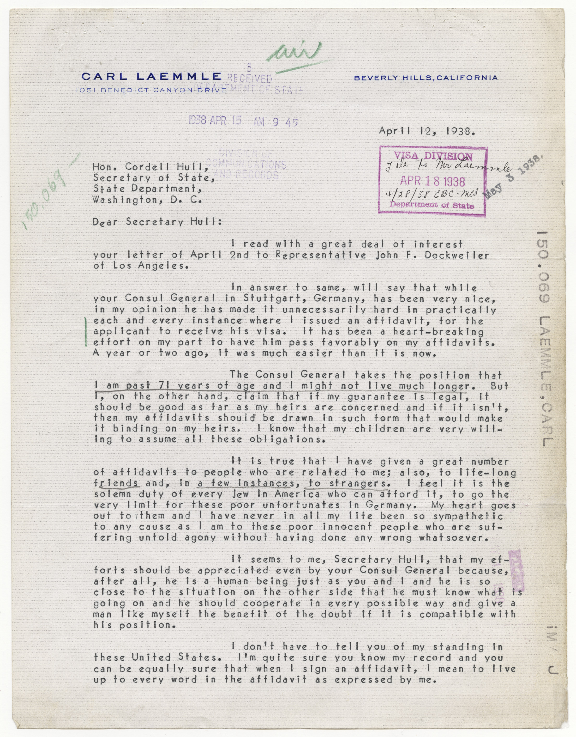 A 1938 letter from Hollywood mogul Carl Laemmle to U.S. Secretary of State Cordell Hull asking for State Department help in taking in Jewish refugees from Germany before World War II. CREDIT: U.S. National Archives