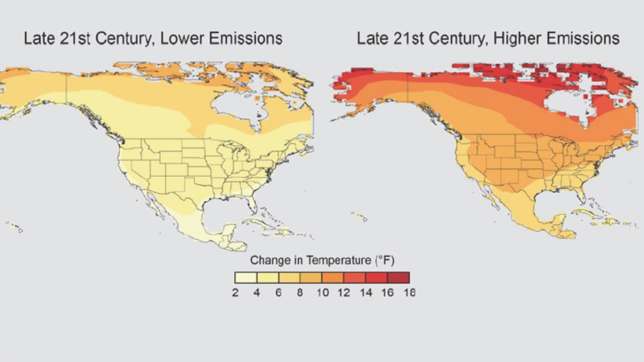 Projected warming under aggressive climate action (left) versus Trump climate policies (right). CREDIT: National Climate Assessment, final draft