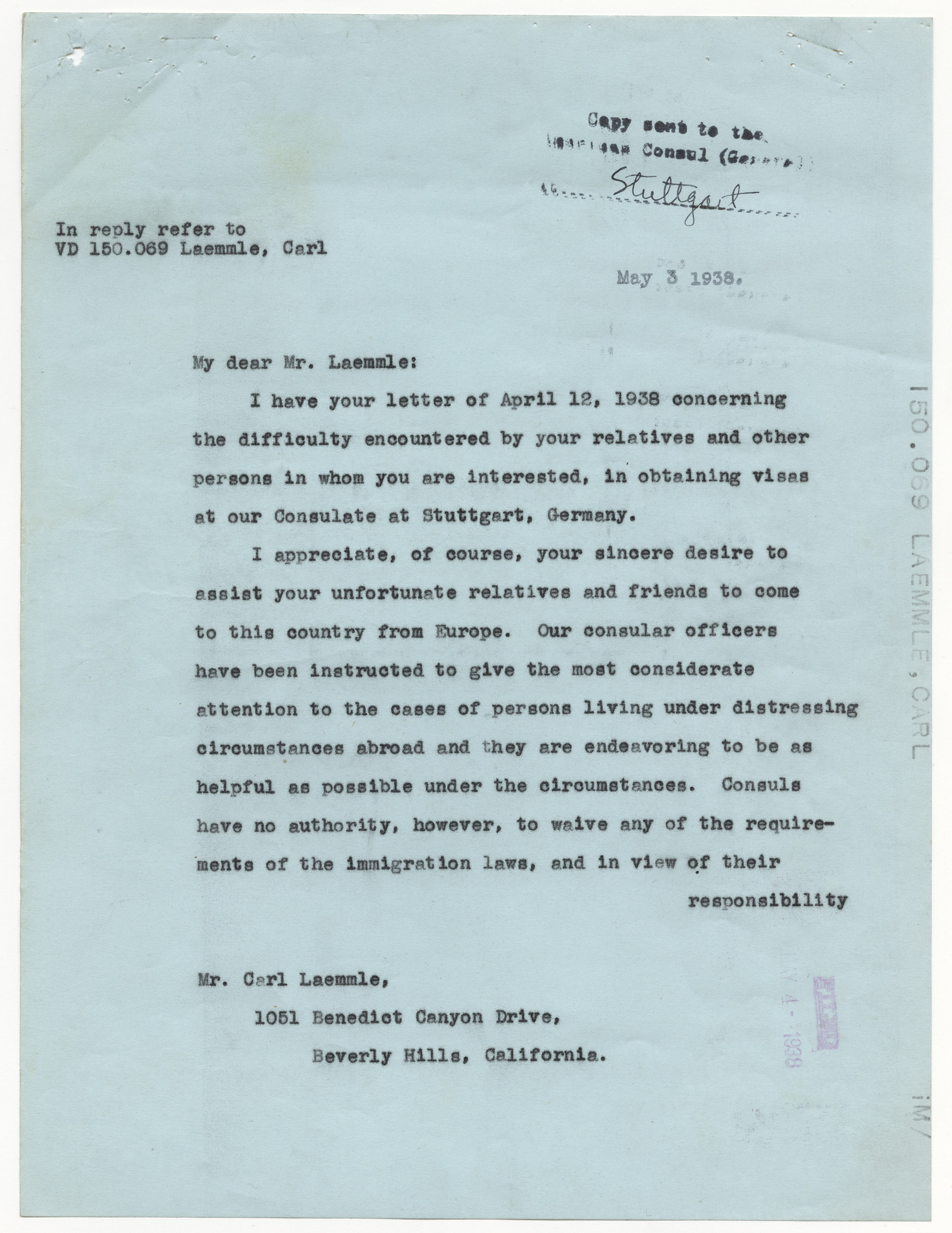 A 1938 response letter from U.S. Secretary of State Cordell Hull to Hollywood mogul Carl Laemmle who asked for assistance from the U.S. State Department to help Jewish refugees escaping from Germany before World War II. (CREDIT: U.S. National Archives)