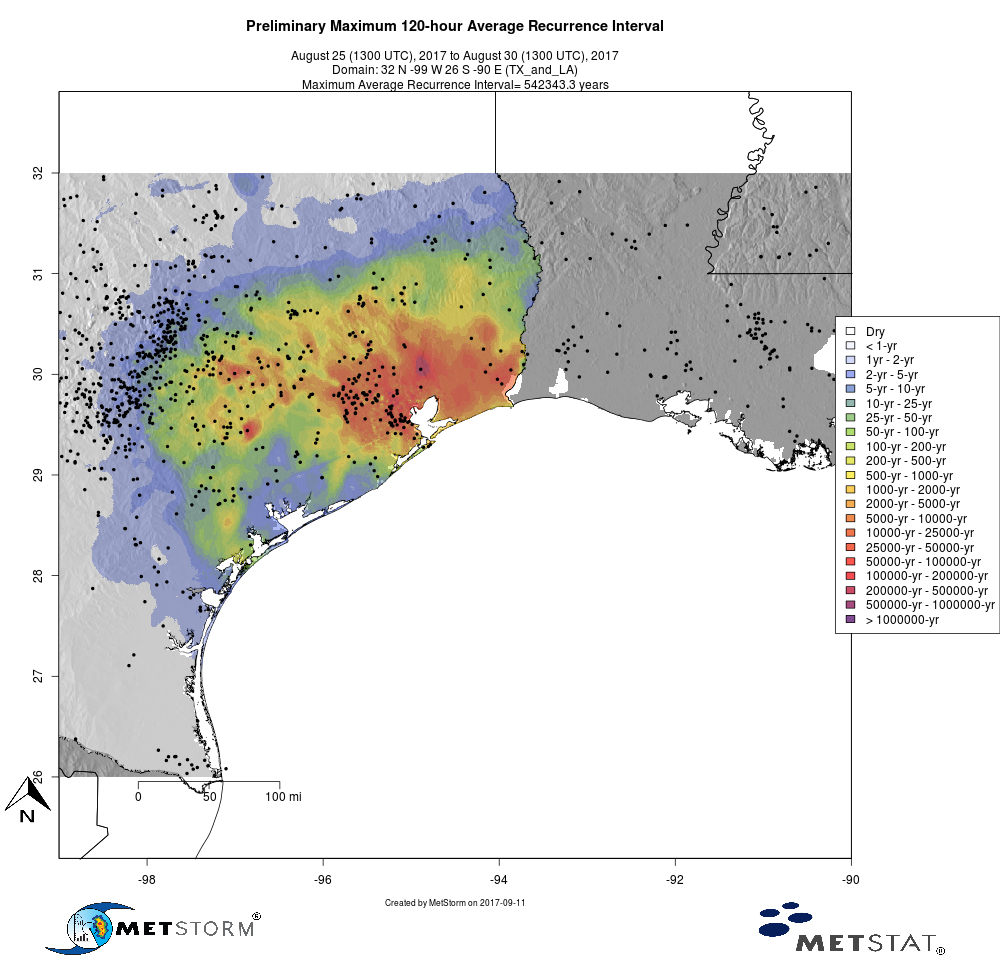 The Average Recurrence Interval for Harvey's 5-day rainfall total.