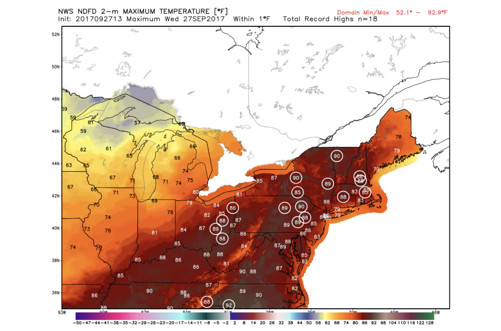 Places where temperatures are projected to be within one degree of a record high Wednesday. CREDIT: National Weather Service via WashPost/WeatherBell.com.