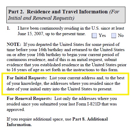 One of the questions on the I-821D form that DACA applicants have to fill out require them to fill in every address they have lived at since they entered the country.
CREDIT: Screenshot
