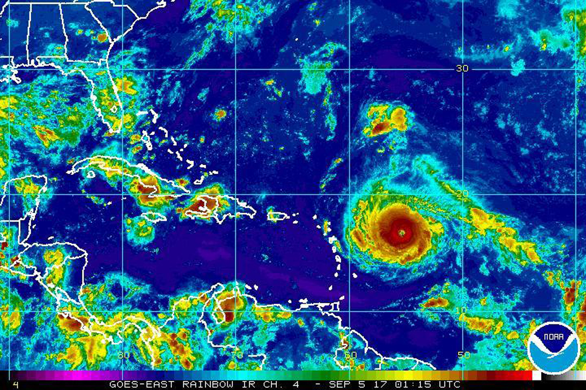 Satellite image provided by the National Oceanic and Atmospheric Administration shows Hurricane Irma nearing the eastern Caribbean. CREDIT: NOAA via AP