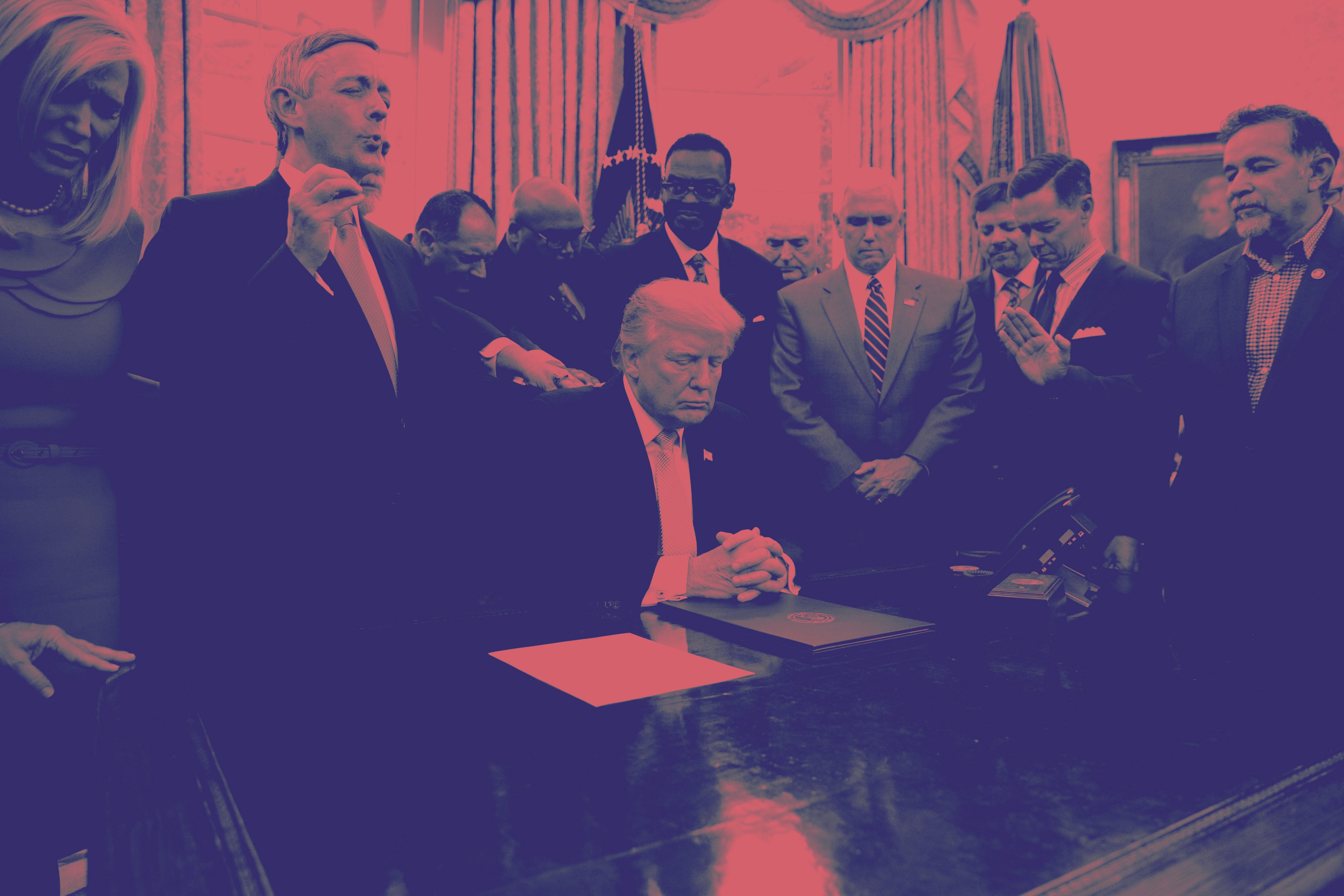 Faith leaders pray with President Donald Trump after he signed a proclamation for a national day of prayer to occur on Sunday, Sept. 3, 2017, in the Oval Office of the White House, Friday, Sept. 1, 2017, in Washington. (CREDIT: AP Photo/Evan Vucci/Edit by Diana Ofosu)