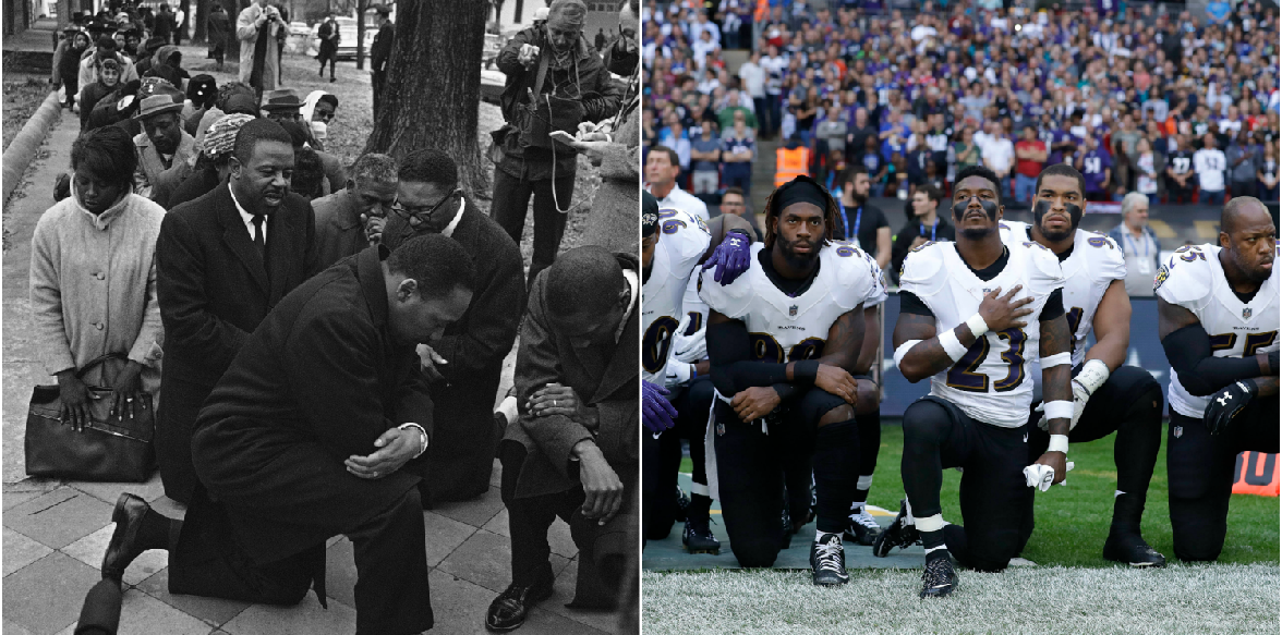 Dr. Martin Luther King Jr., center, leads a group of civil rights workers and Selma black people in prayer on Feb. 1, 1965; Baltimore Ravens players kneel during the national anthem, Sept. 24, 2017 (AP Photo/BH; AP Photo/Matt Dunham)