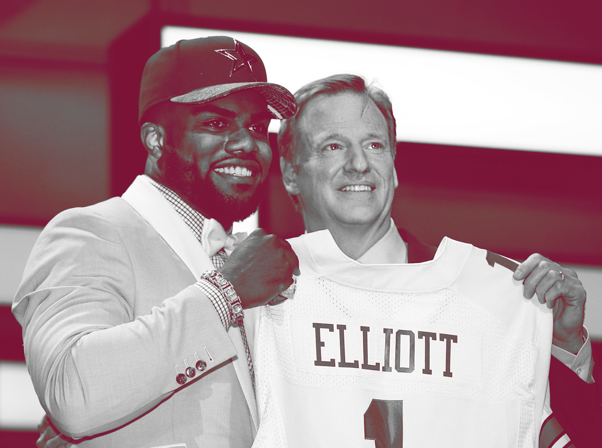 Ezekiel Elliott and Roger Goodell at the 2016 NFL draft. CREDIT: Jeff Haynes/AP; Diana Ofosu, ThinkProgress