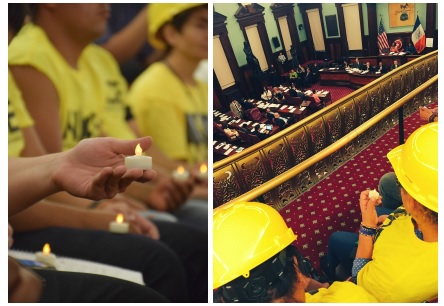 Immigrant advocates and construction workers hold a candlelight vigil at a New York City Council meeting during a vote to provide safety trainings for construction workers. CREDIT: NY New Immigrant Community Empowerment (NY NICE)