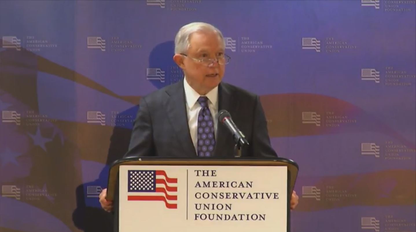 Attorney General Jeff Sessions speaking about prescription drug and heroin addiction Thursday in West Virginia. CREDIT: YouTube/Screenshot