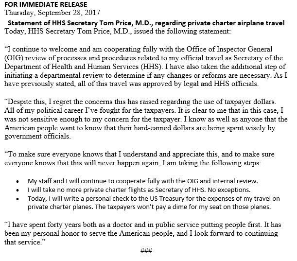 HHS Secretary Tom Price's statement claiming he'll reimburse taxpayers for the costs of his private air travel. (CREDIT: HHS screengrab)
