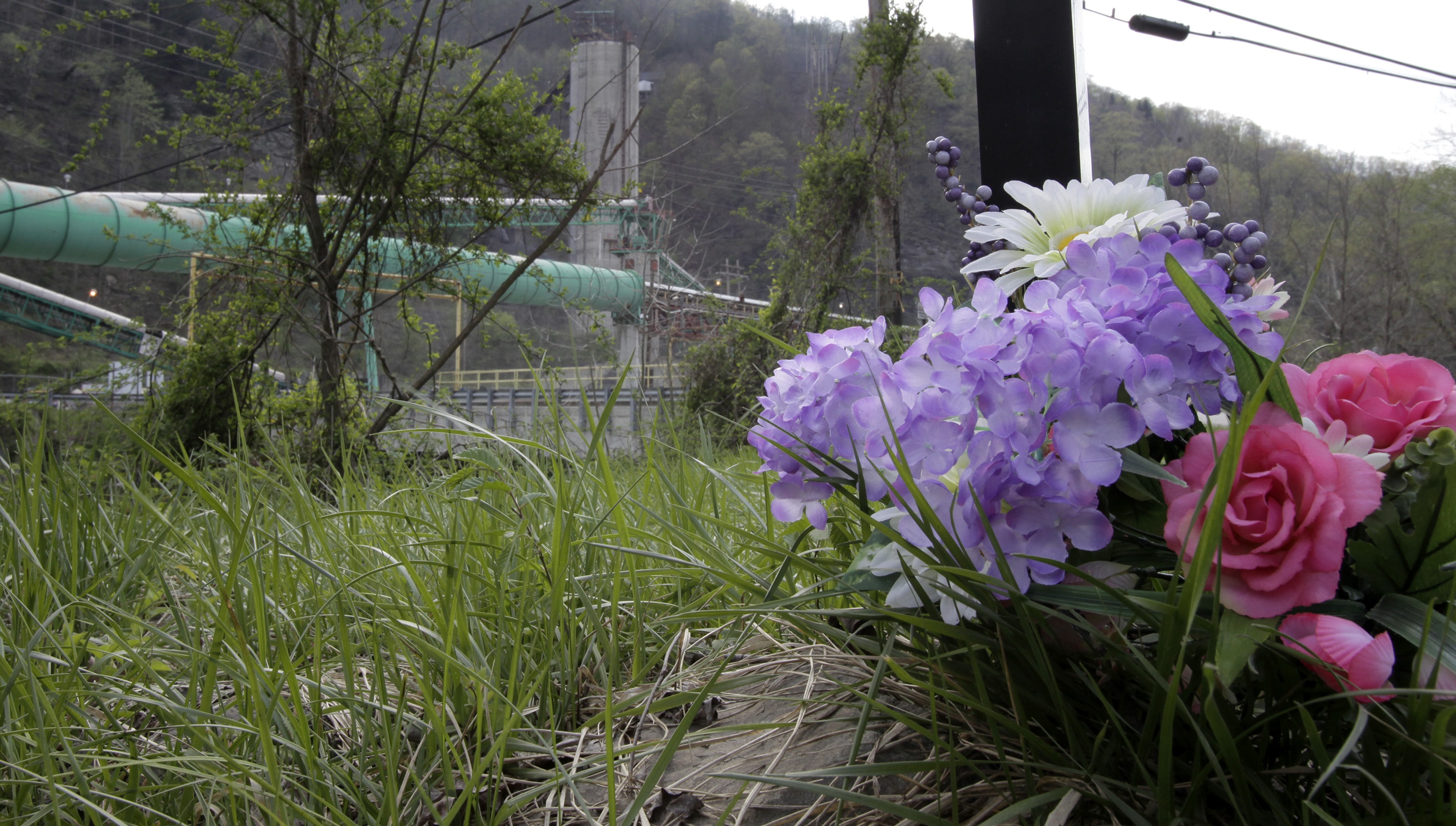 Flowers sit outside Massey Energy's Upper Big Branch mine in West Virginia in honor of the 29 miners who died in an explosion at the mine in 2010. CREDIT: AP Photo/Amy Sancetta