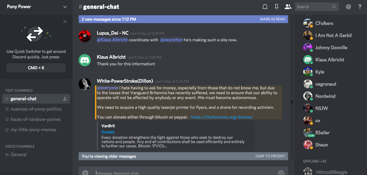 A screenshot from a US white nationalist chatroom, where one poster tried to get donations for the British neo-Nazi group Vanguard Britannia.