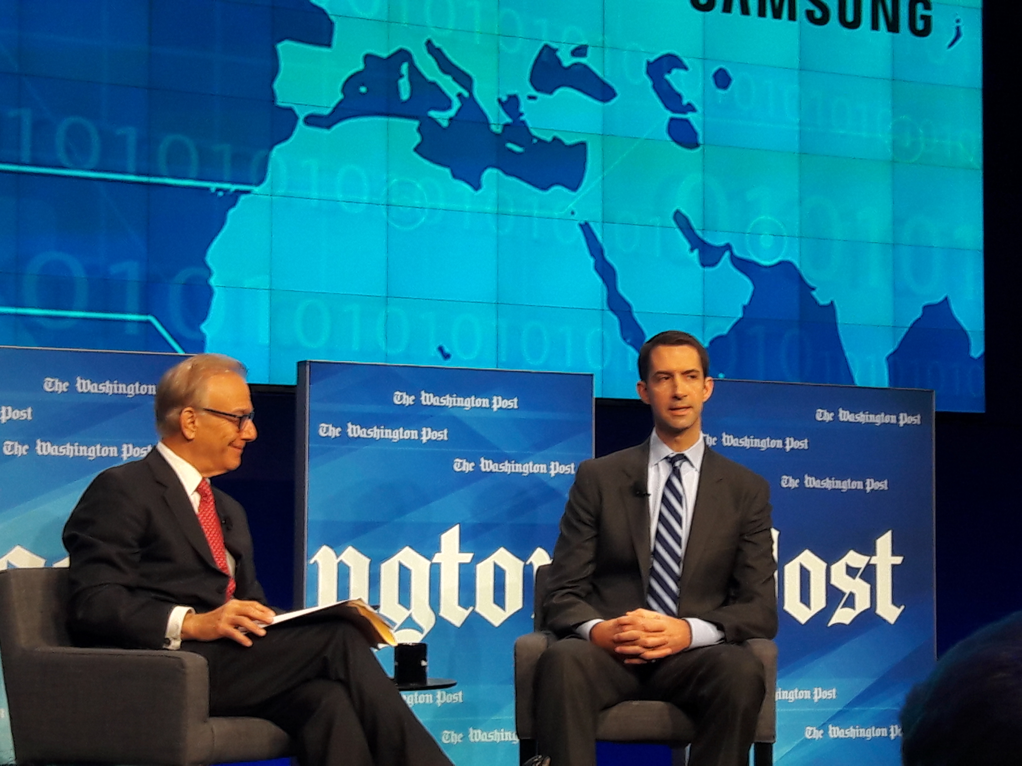 The Washington Post's David Ignatius interviews Sen. Tom Cotton (R-Ark) on Thursday, Oct. 5, 2017. CREDIT: D. Parvaz/ThinkProgress