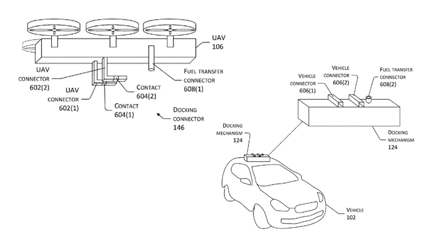 Amazon patent drawing of an UAV (unmanned aerial vehicle) that can charge an electric vehicle via a docking mechanism. CREDIT: U.S. Patent Office via thedrive.com