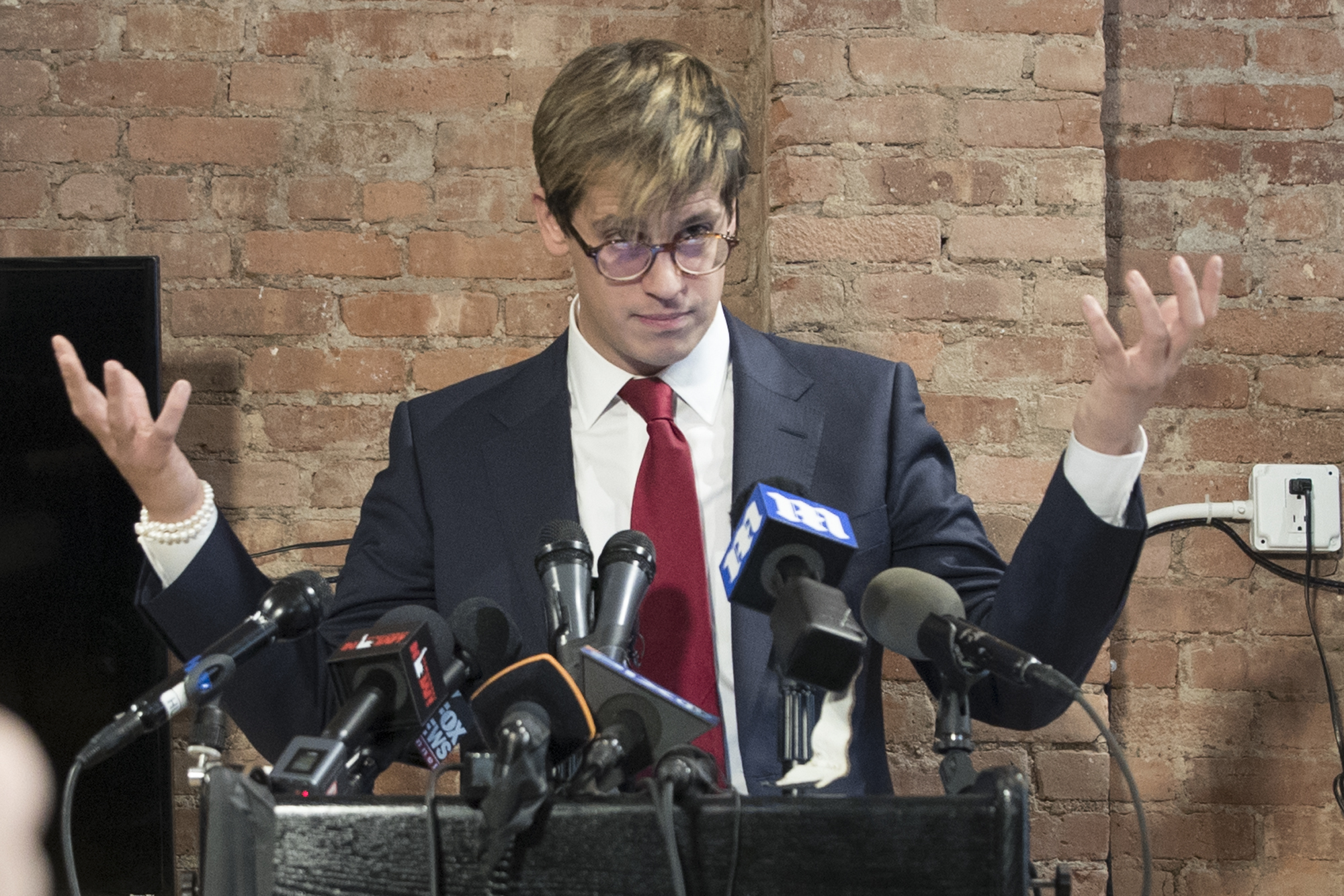 Milo Yiannopoulos speaks during a news conference, Tuesday, Feb. 21, 2017, in New York. (AP Photo/Mary Altaffer)