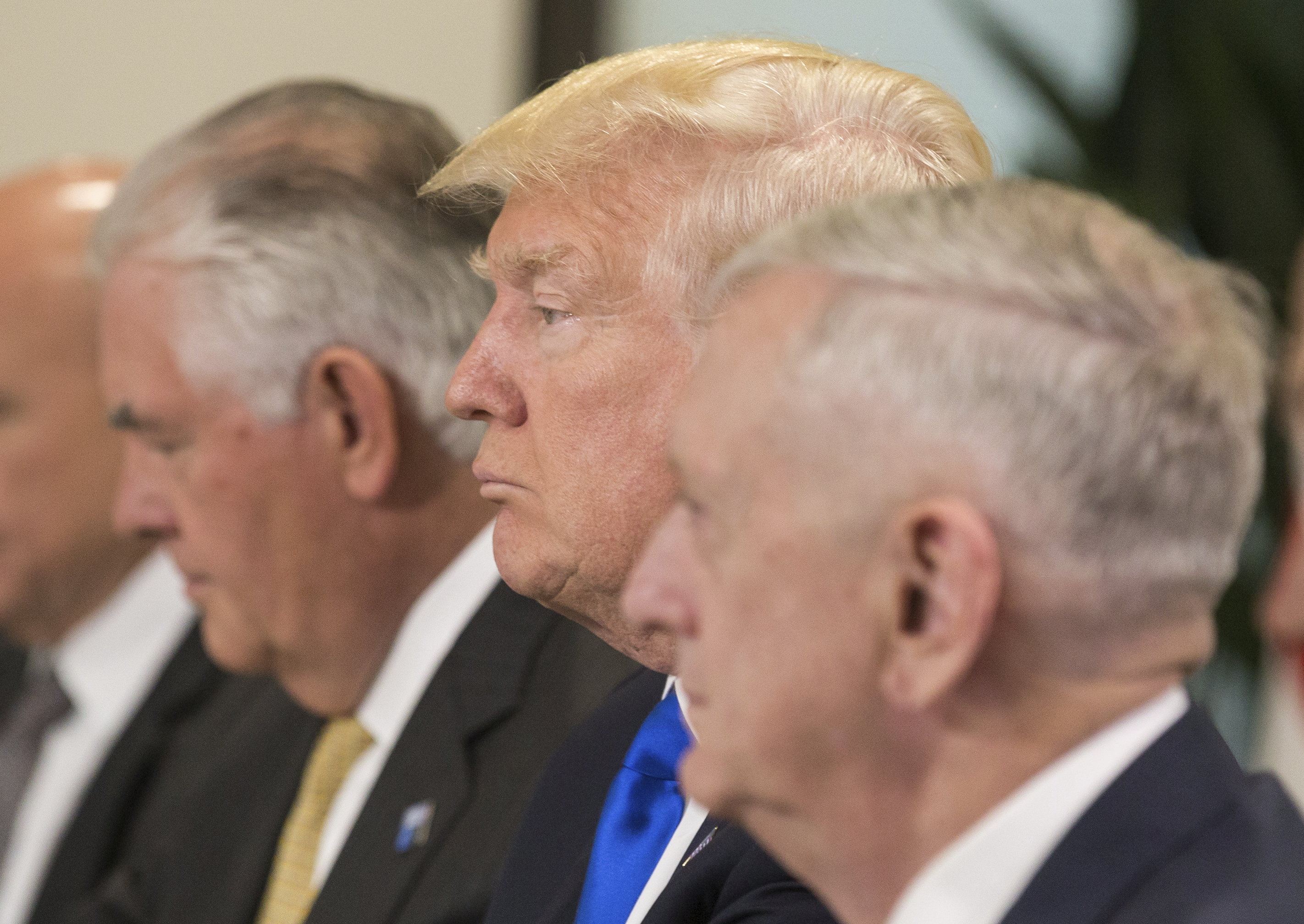 US President Donald Trump, centre, US Defense Secretary, James Mattis, right, and U.S. Secretary of State Rex Tillerson, attend a meeting with EU leaders at the European Council, in Brussels, Belgium. CREDIT: Stephanie Lecocq/AP Photo