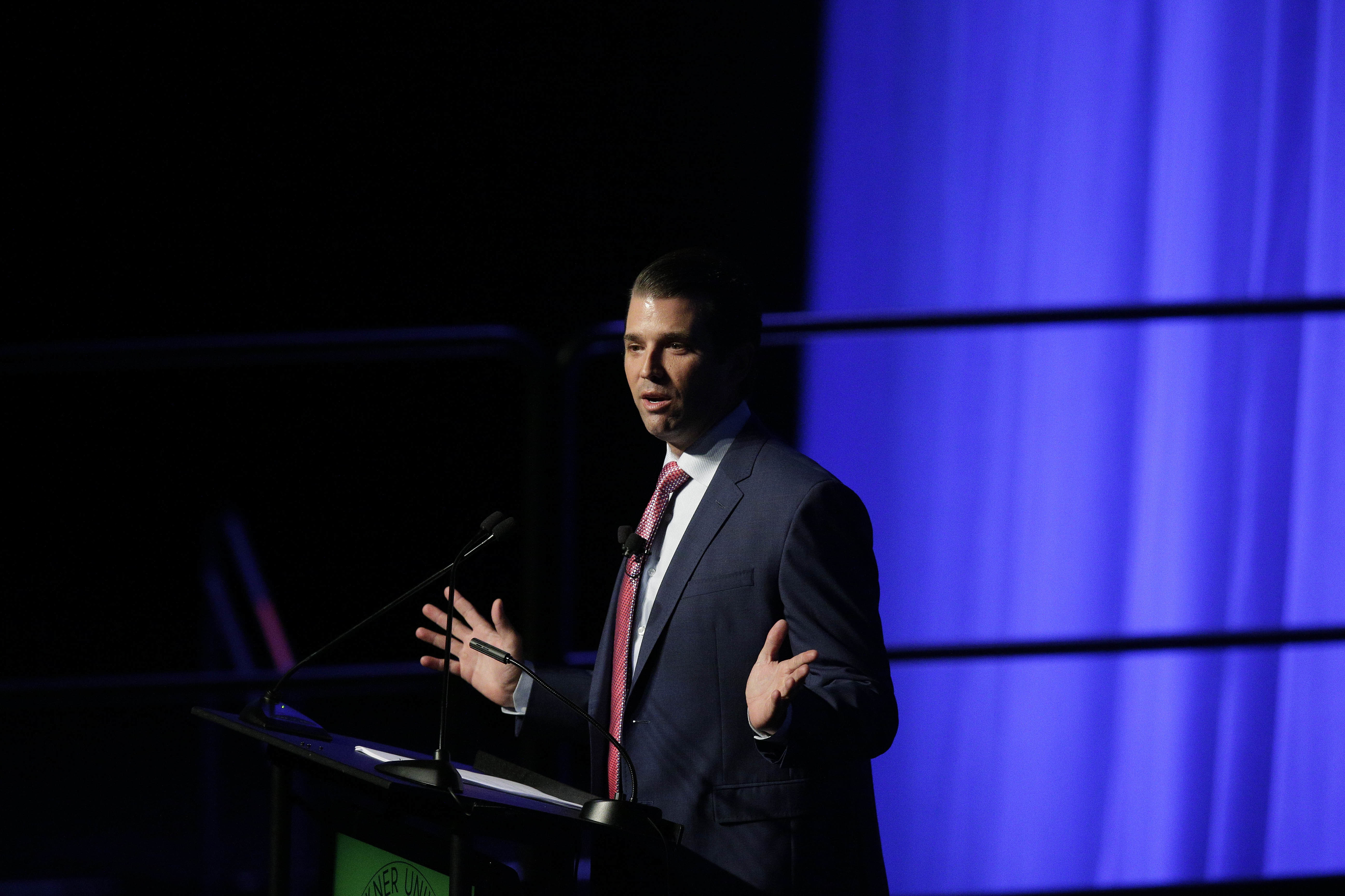 Donald Trump Jr. speaks during a fundraiser for Faulkner University, Thursday, Oct. 5, 2017, in Montgomery, Ala. (AP Photo/Brynn Anderson)