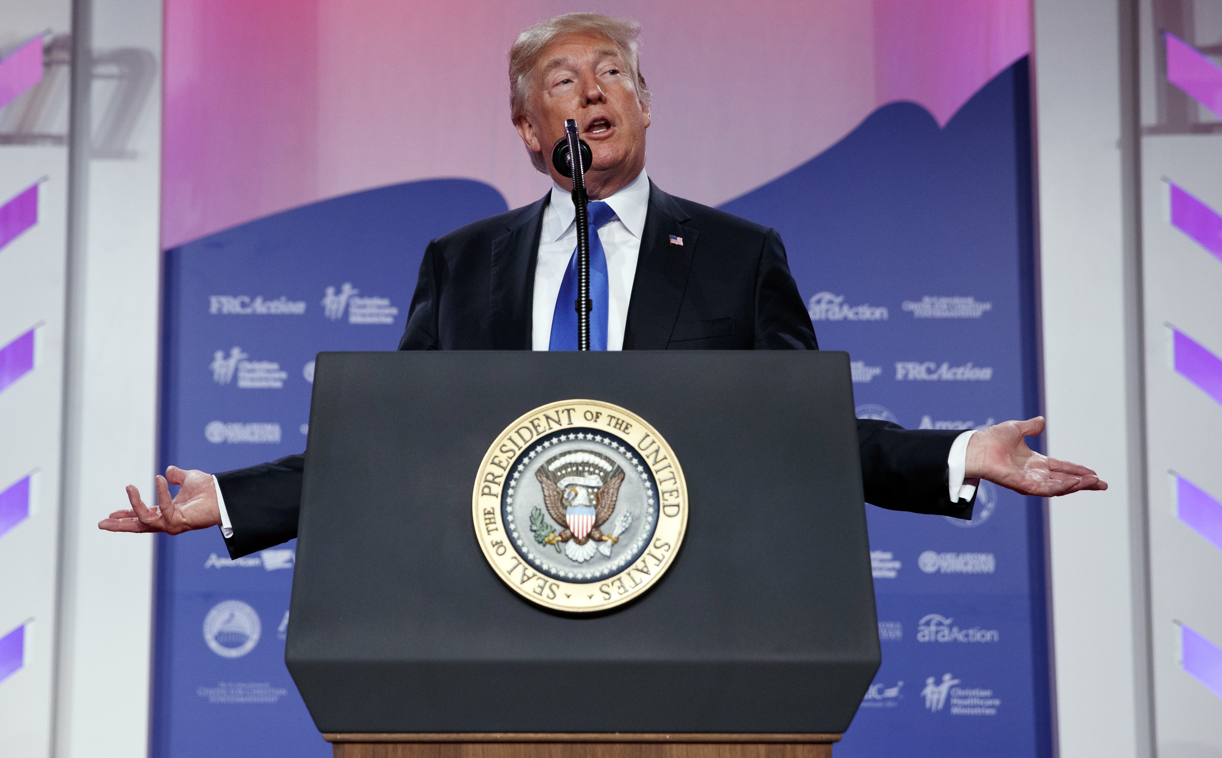 President Donald Trump speaks to the 2017 Value Voters Summit, Friday, Oct. 13, 2017, in Washington. CREDIT: AP Photo/Evan Vucci