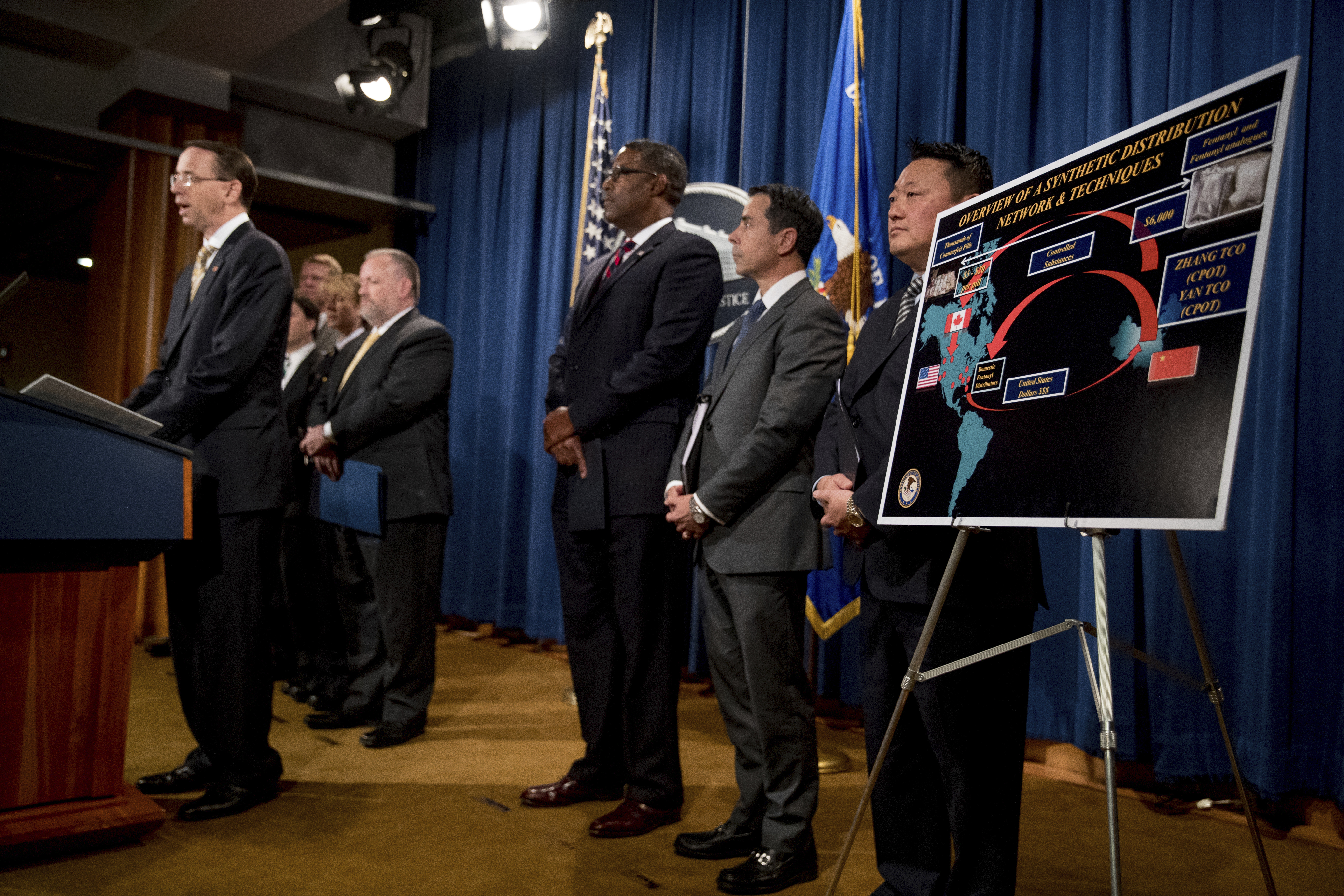 Deputy Attorney General Rod Rosenstein announces criminal indictments of Chinese fentanyl traffickers, flanked by law enforcement officials who partnered on the investigations. CREDIT: AP Photo/Andrew Harnik