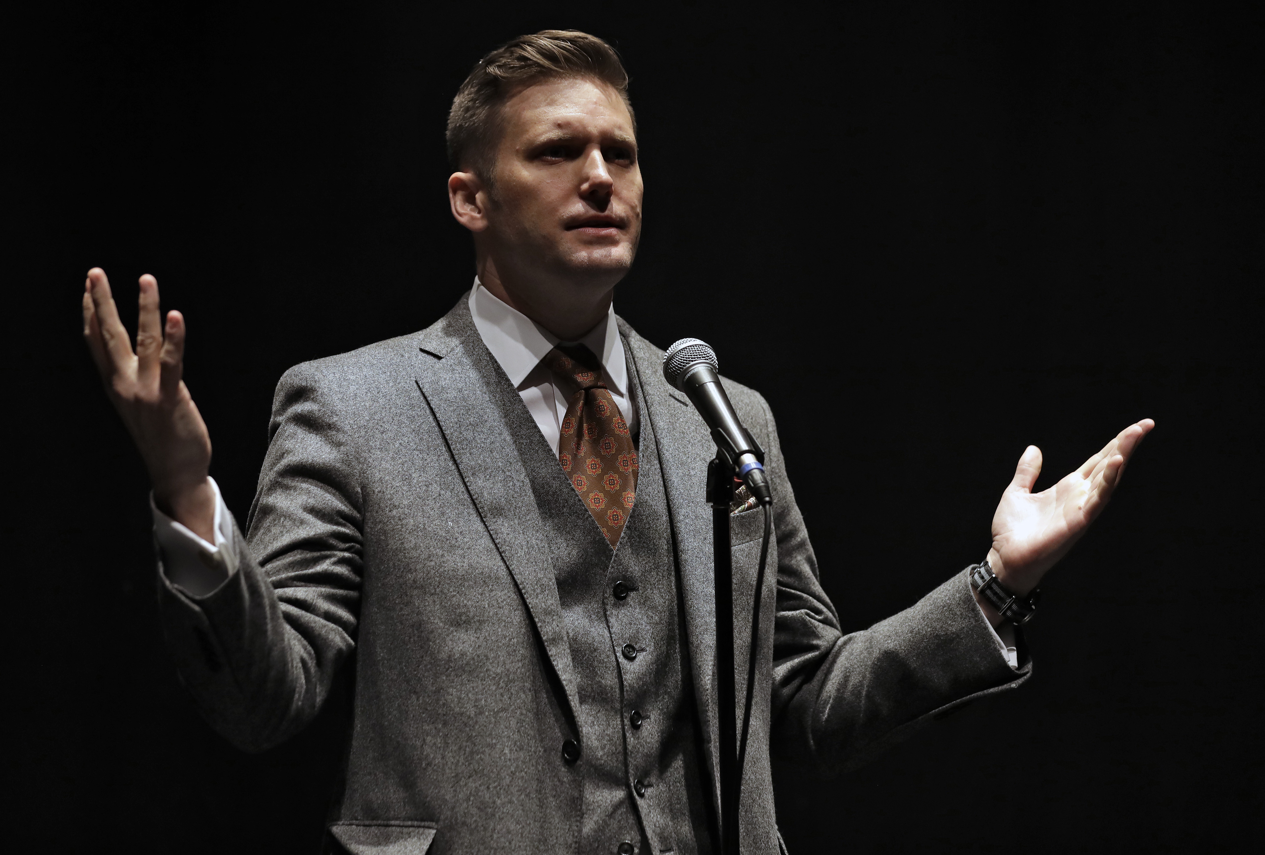 White Nationalist Richard Spencer Thursday, Oct. 19, 2017, at the University of Florida in Gainesville, Fla. (AP Photo/Chris O'Meara)
