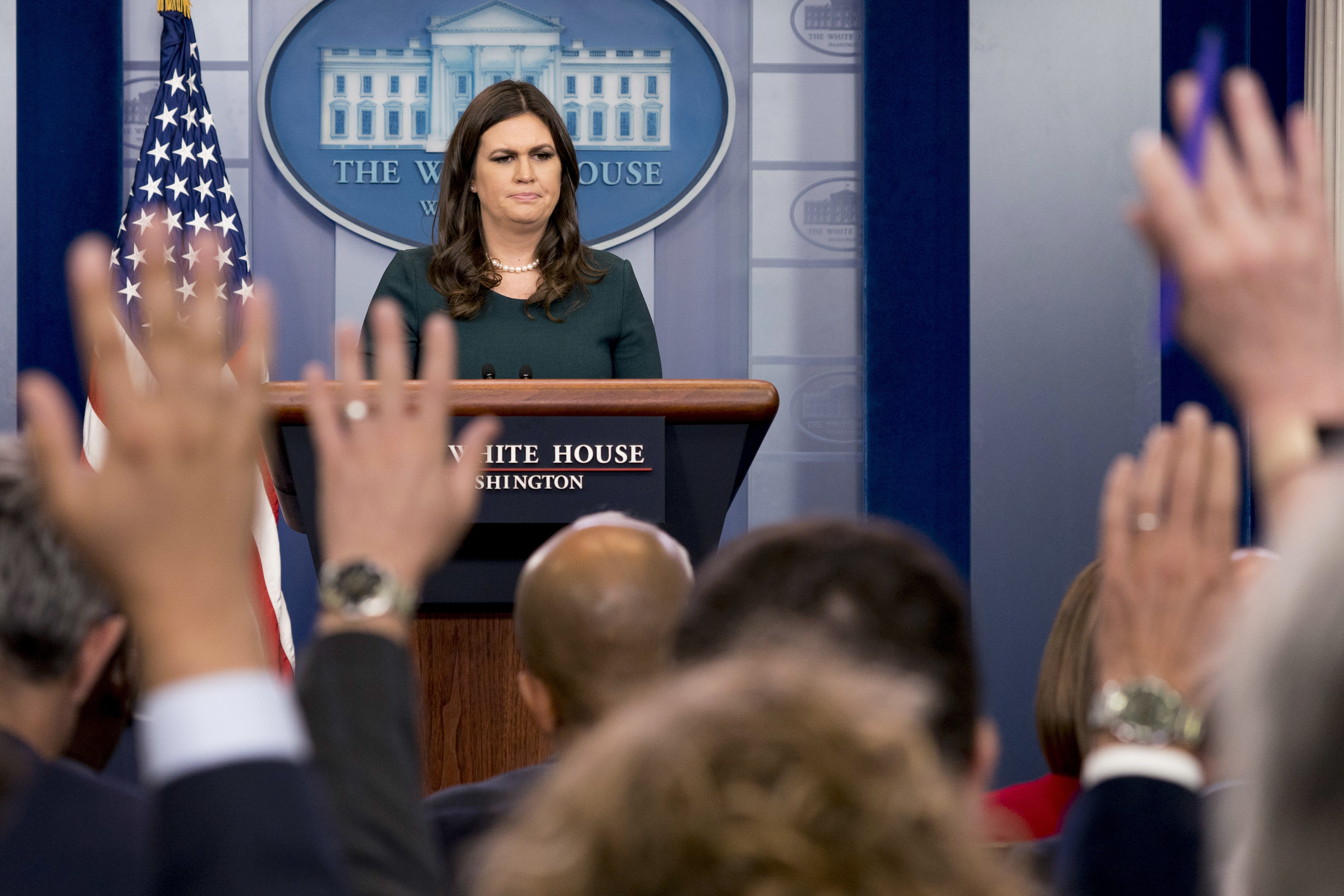 White House press secretary Sarah Huckabee Sanders pauses while speaking to the media during the daily briefing in the Brady Press Briefing Room of the White House, Friday, Oct. 20, 2017, in Washington. CREDIT: AP Photo/Andrew Harnik