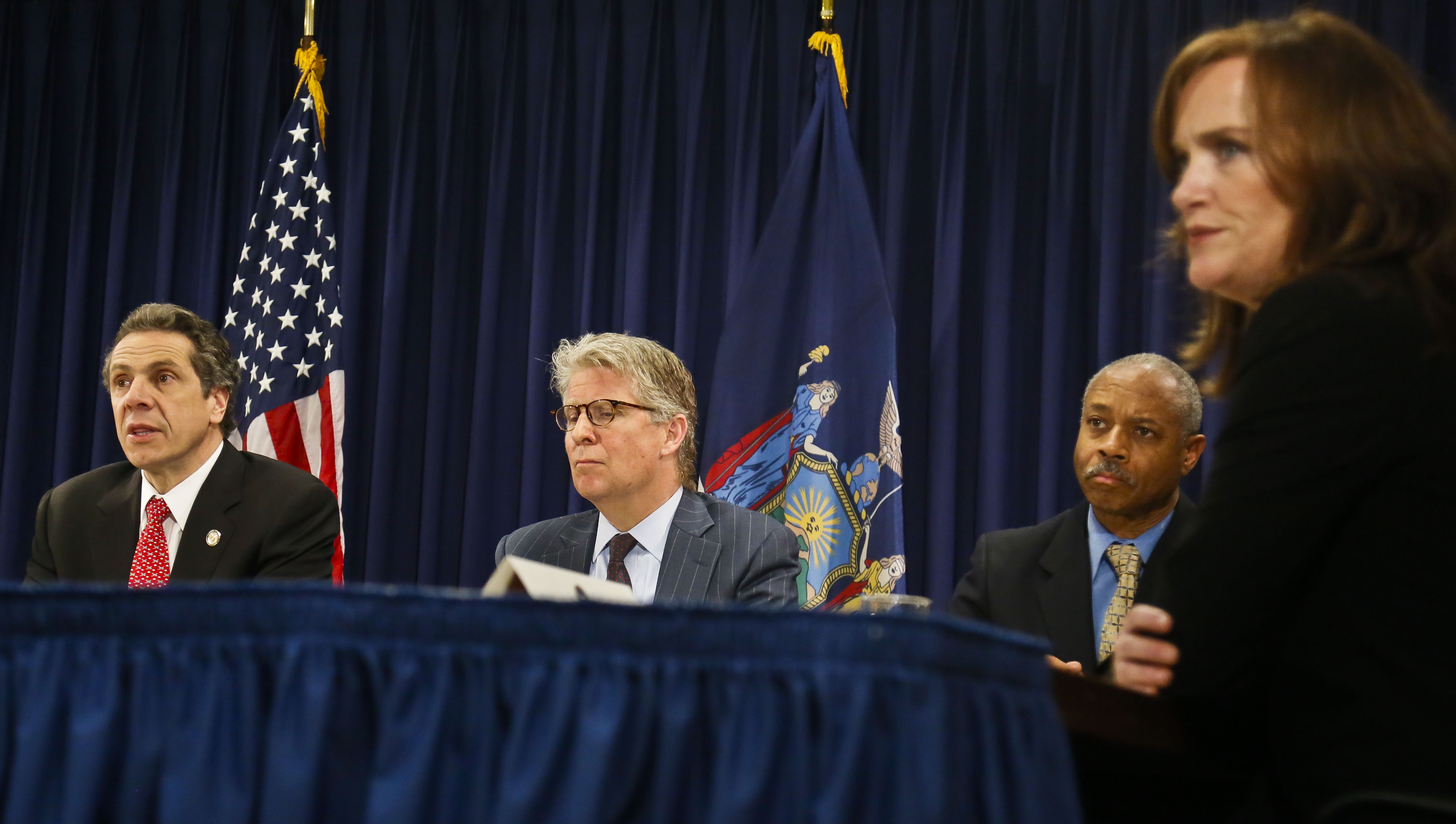 Manhattan District Attorney Cy Vance, center, flanked by Gov. Andrew Cuomo, left, and Bronx DA Robert Johnson and Nassau County DA Kathleen Rice, right in 2013. CREDIT: AP Photo/Bebeto Matthews