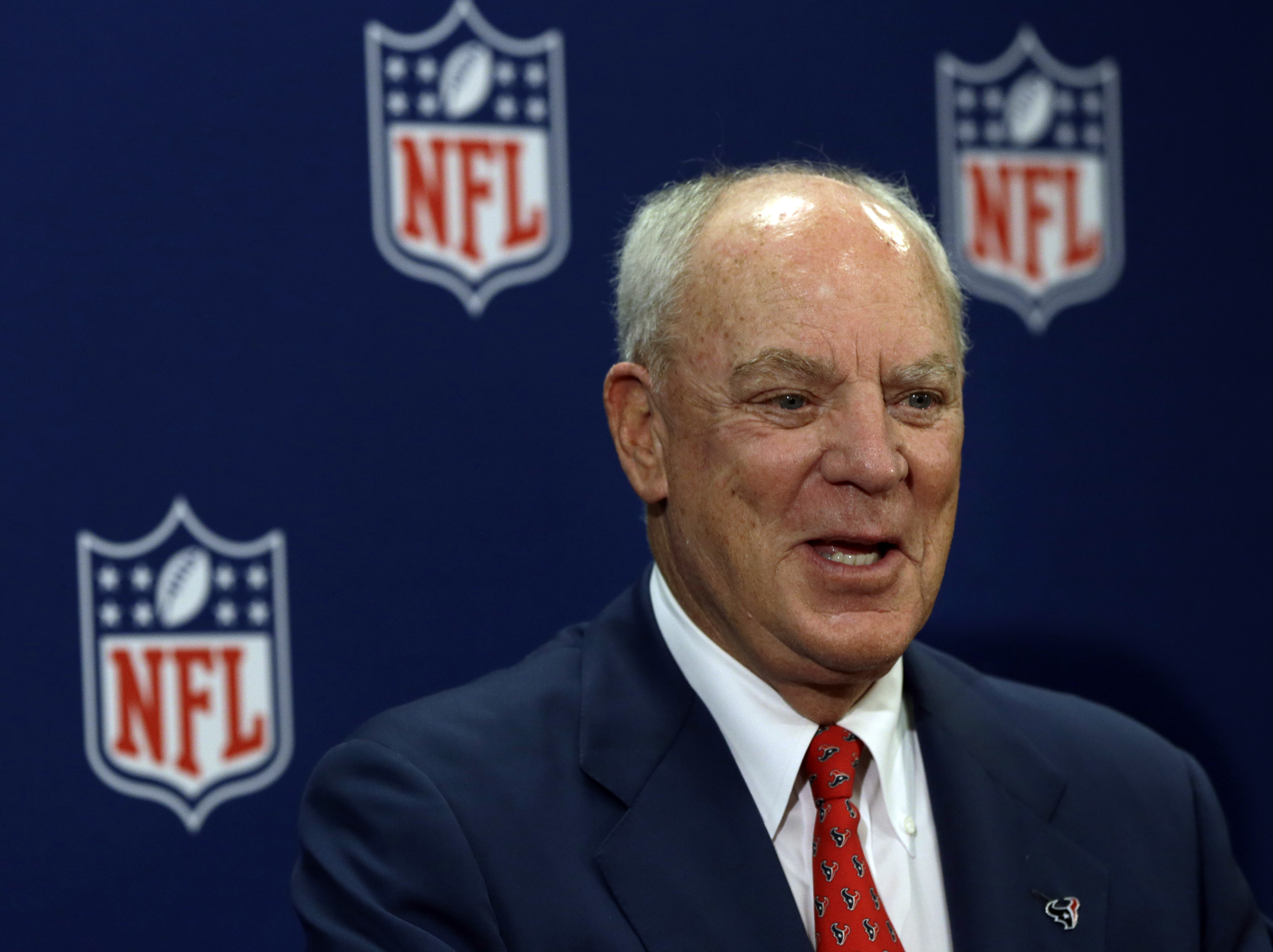 FILE - In this May 21, 2013 file photo, Houston Texans owner Robert McNair speaks during a news conference at the NFL spring meeting in Boston. McNair has made it perfectly clear what he expects this season: A Super Bowl trip. (AP Photo/Elise Amendola, File)