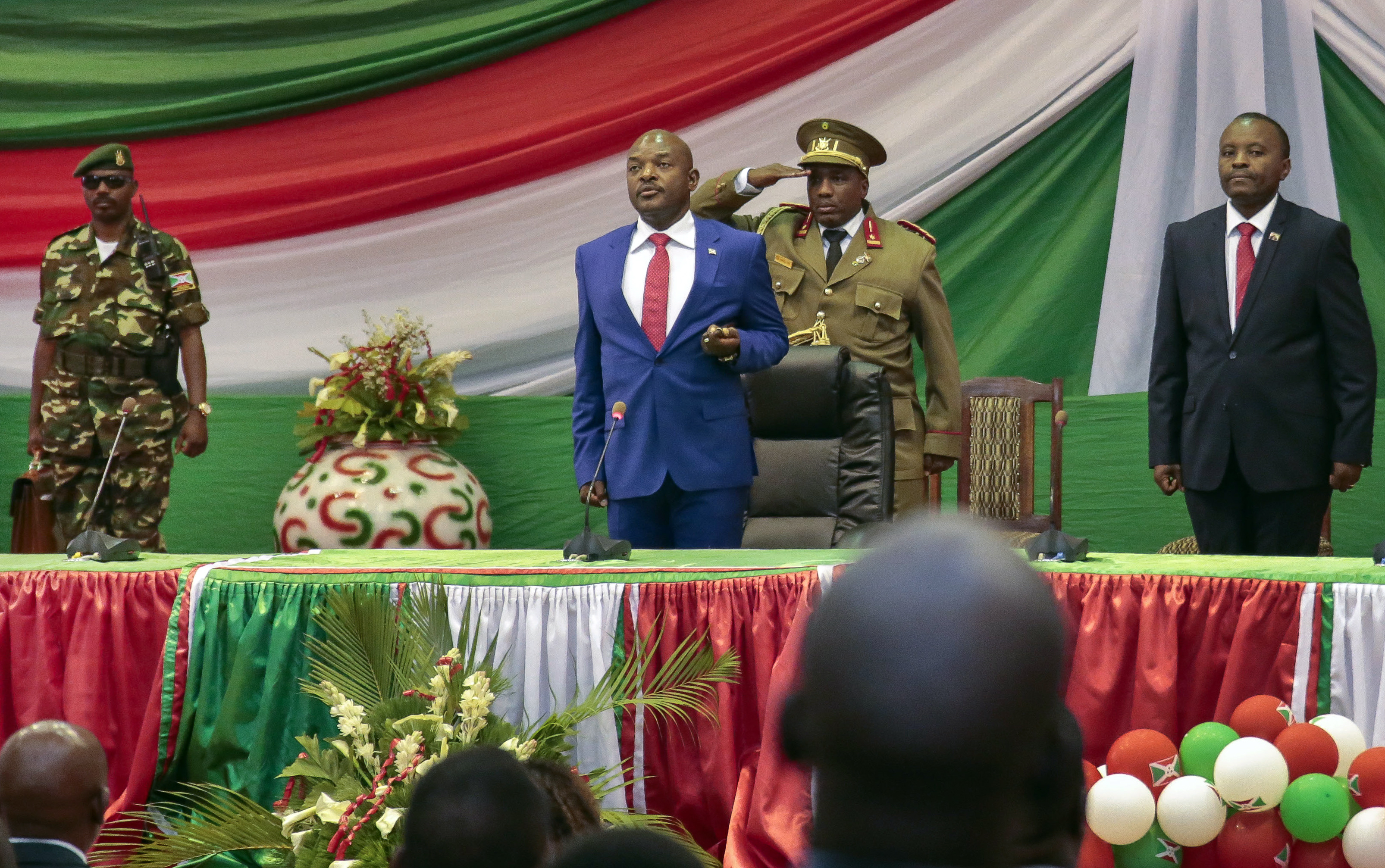 Burundi's President Pierre Nkurunziza is sworn in for a third term at a ceremony in the parliament in Bujumbura, Burundi Thursday, Aug. 20, 2015. CREDIT: AP Photo/Gildas Ngingo