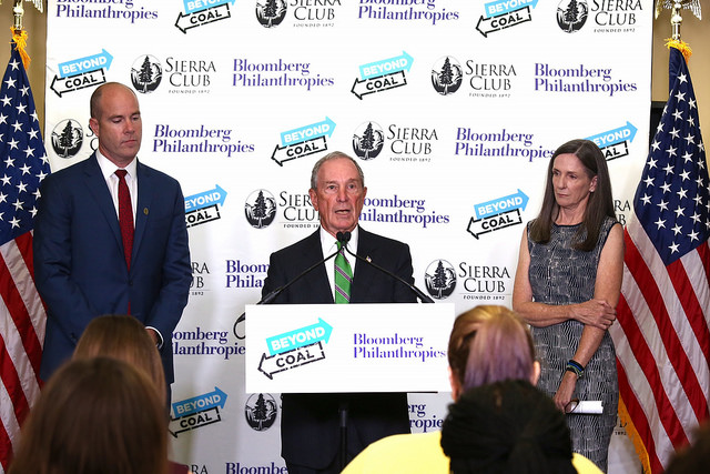 Billionaire philanthropist Michael Bloomberg, flanked by Sierra Club Executive Director Michael Brune and former EPA Administrator Carol Browner, announces plans on October 11, 2017, to donate an additional $64 million to anti-coal campaigns. CREDIT: Bloomberg Philanthropies