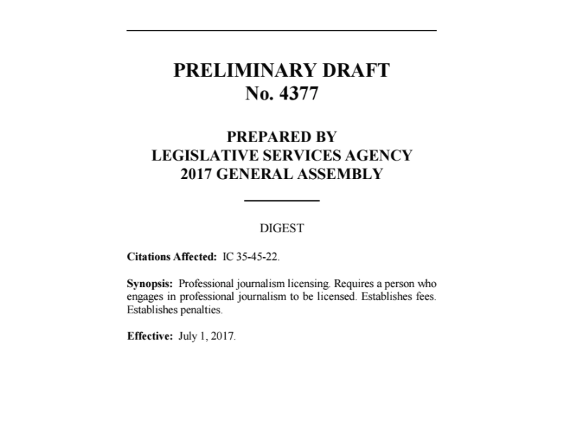 Preliminary draft of Lucas' bill requiring journalists to have a permit and register with police. (CREDIT: The Indianapolis Star, screengrab)