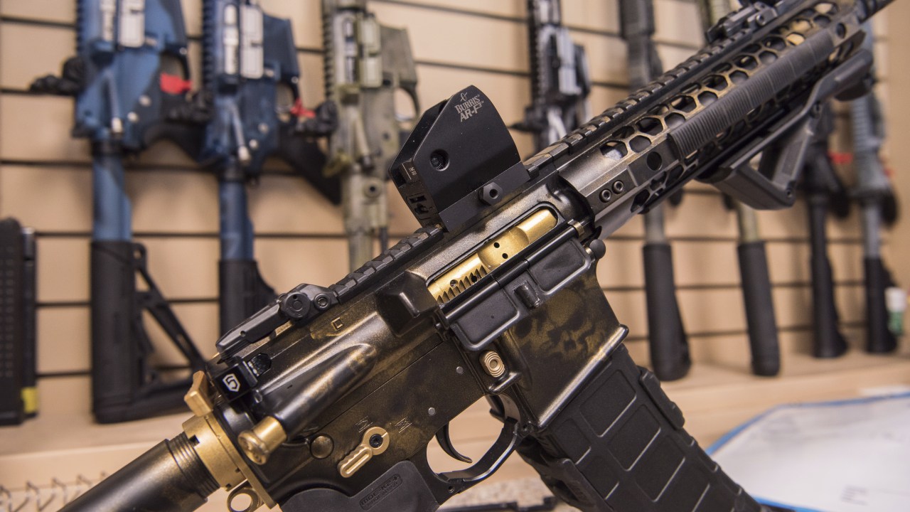 In this photo taken March 15, 2017, an AR-15 style rifle manufactured by Battle Rifle Co. is display in Webster, Texas. Battle Rifle is one of now more than 10,000 gunmakers in the U.S. President Donald Trump promised to revive manufacturing in the U.S., but one sector is poised to shrink under his watch: the gun industry. Fears of limits on guns led to a surge in demand during President Barack Obama’s tenure and manufacturers leapt to keep up. (AP Photo/Lisa Marie Pane)