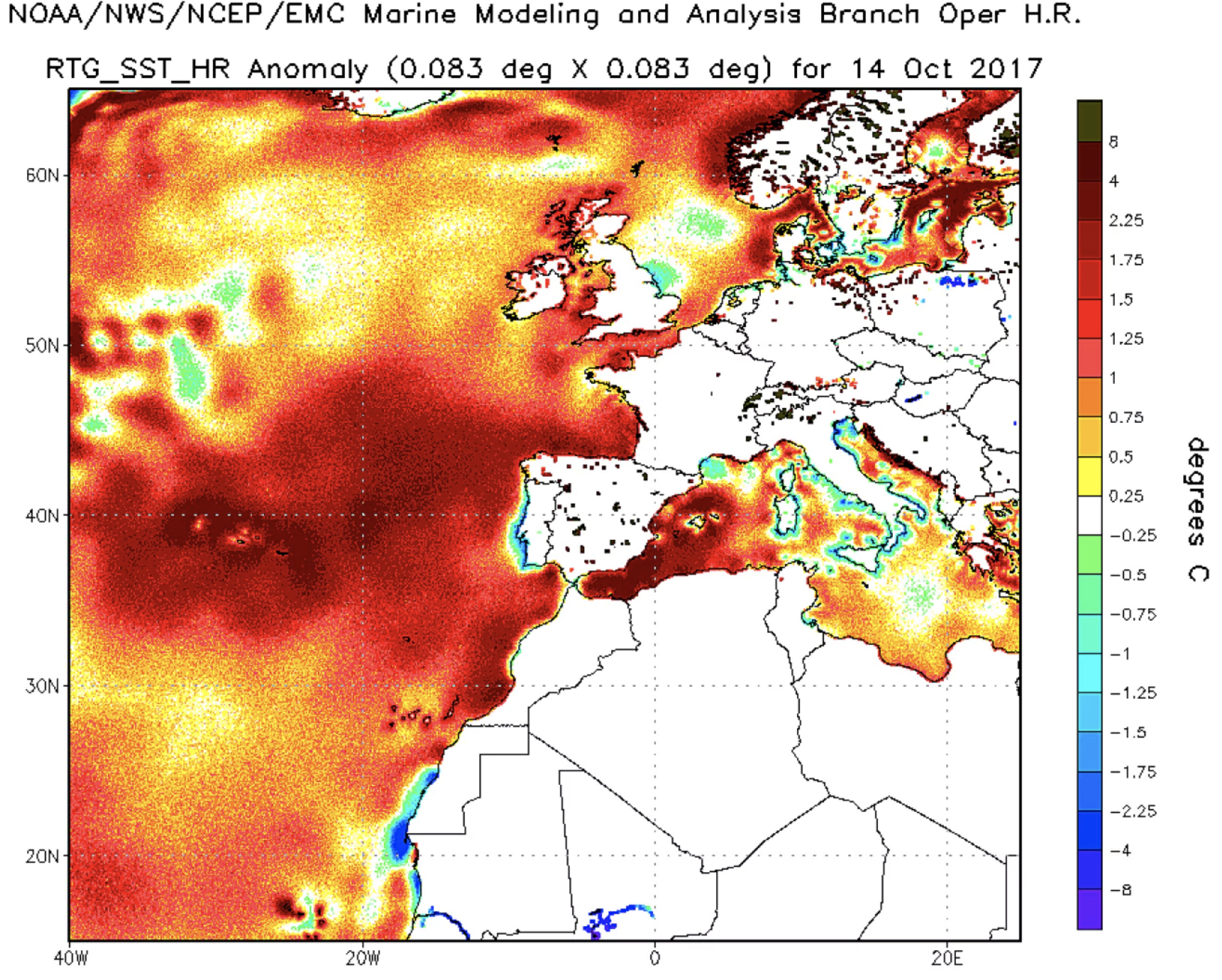 Sea surface temperatures Saturday compared to normal over eastern Atlantic. CREDIT: NOAA (via Washington Post).