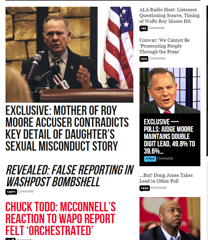Screenshot of the Breitbart homepage on Monday, November 13.