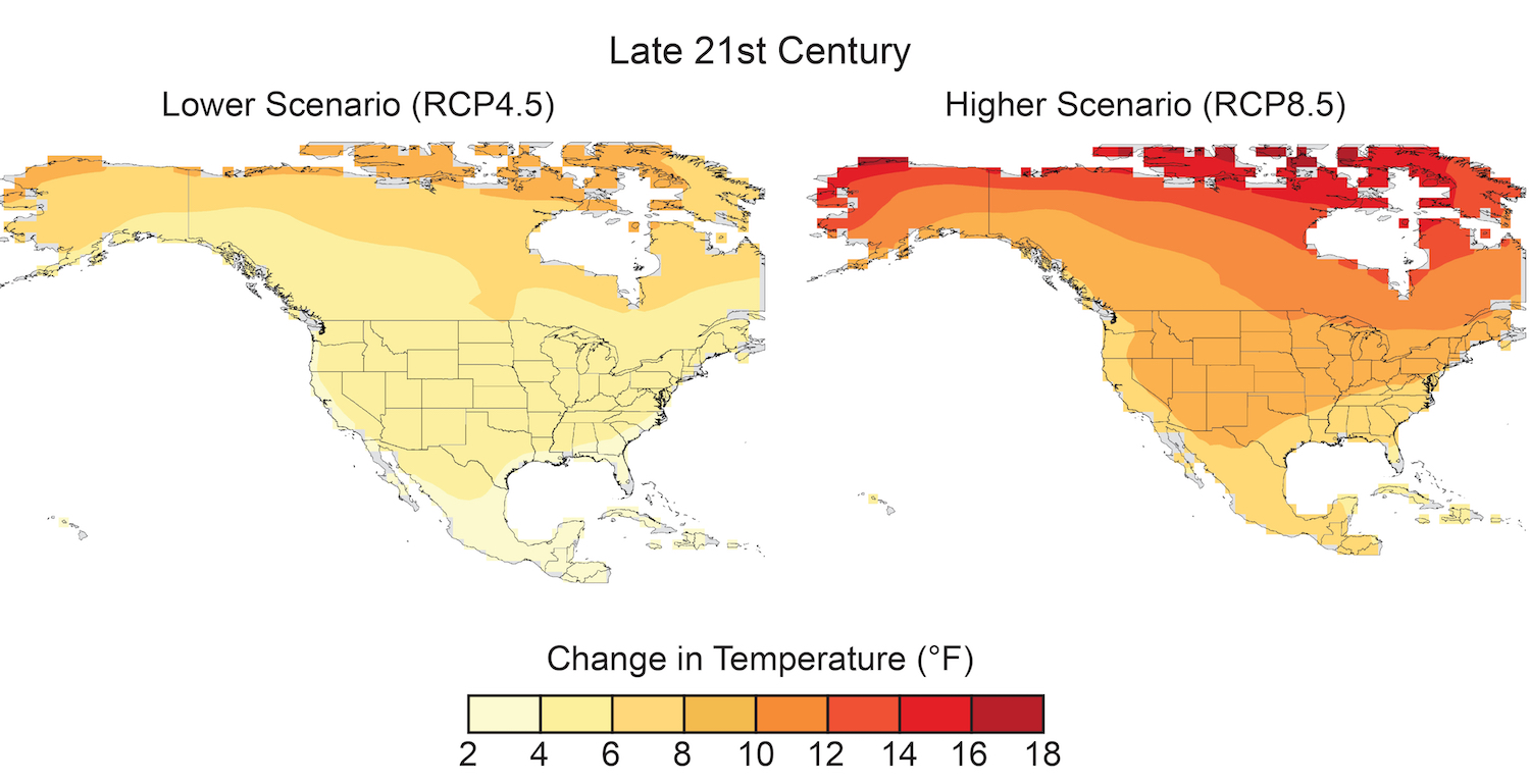 Projected changes in annual average temperatures (2070–2099) with strong climate policies (left) and with current policies (right). CREDIT: National Climate Assessment